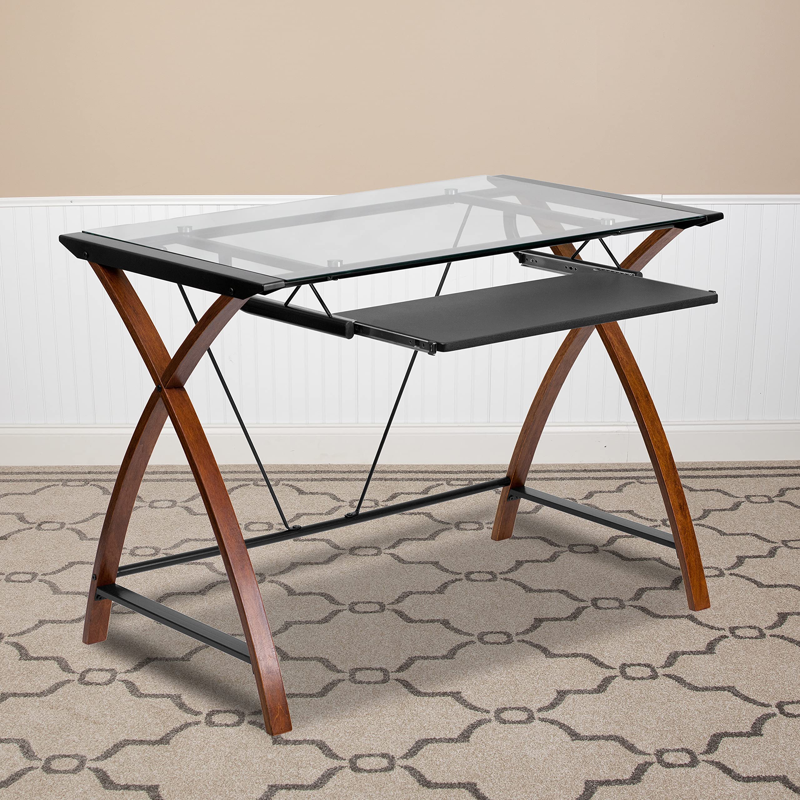 Flash Furniture Jude Tempered Glass Computer Desk with Pull-Out Keyboard Tray & Sturdy Crisscross Frame - Compact Home Office Desk in Cherry/Clear Finish - Perfect for Small Spaces, Gaming & Remote Work
