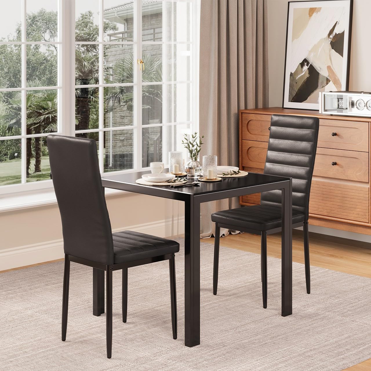Gizoon 3-Piece Glass Dining Table Set with PU Leather Chairs, Modern Kitchen and Living Room Furniture for 2, Perfect for Small Spaces, Apartments, and Cozy Homes