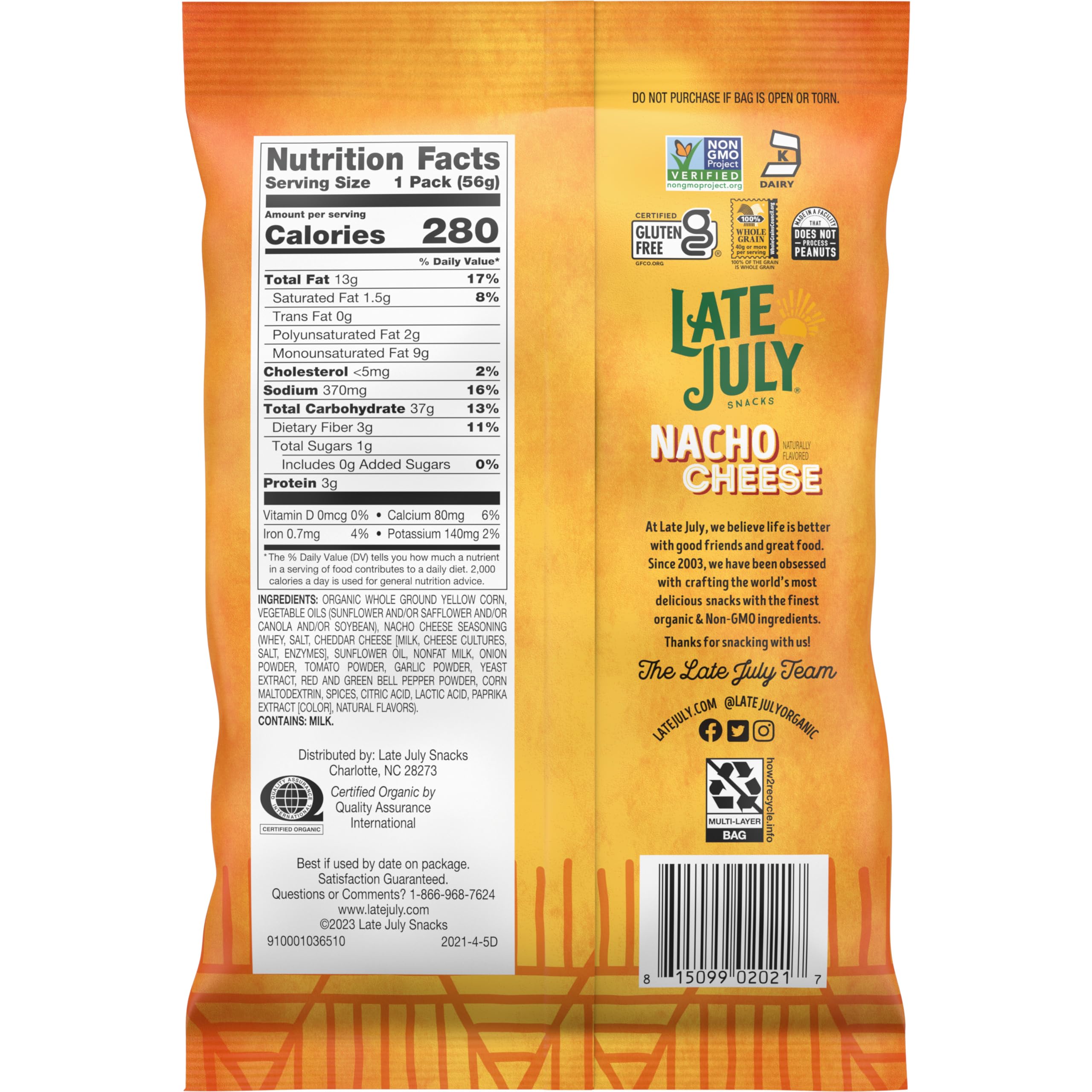 Late July Snacks, Nacho Cheese Tortilla Chips - Gluten Free, Non-GMO, Organic - 2oz Bags (Pack of 6) - Perfect for Parties, Movie Nights & Healthy Snacking
