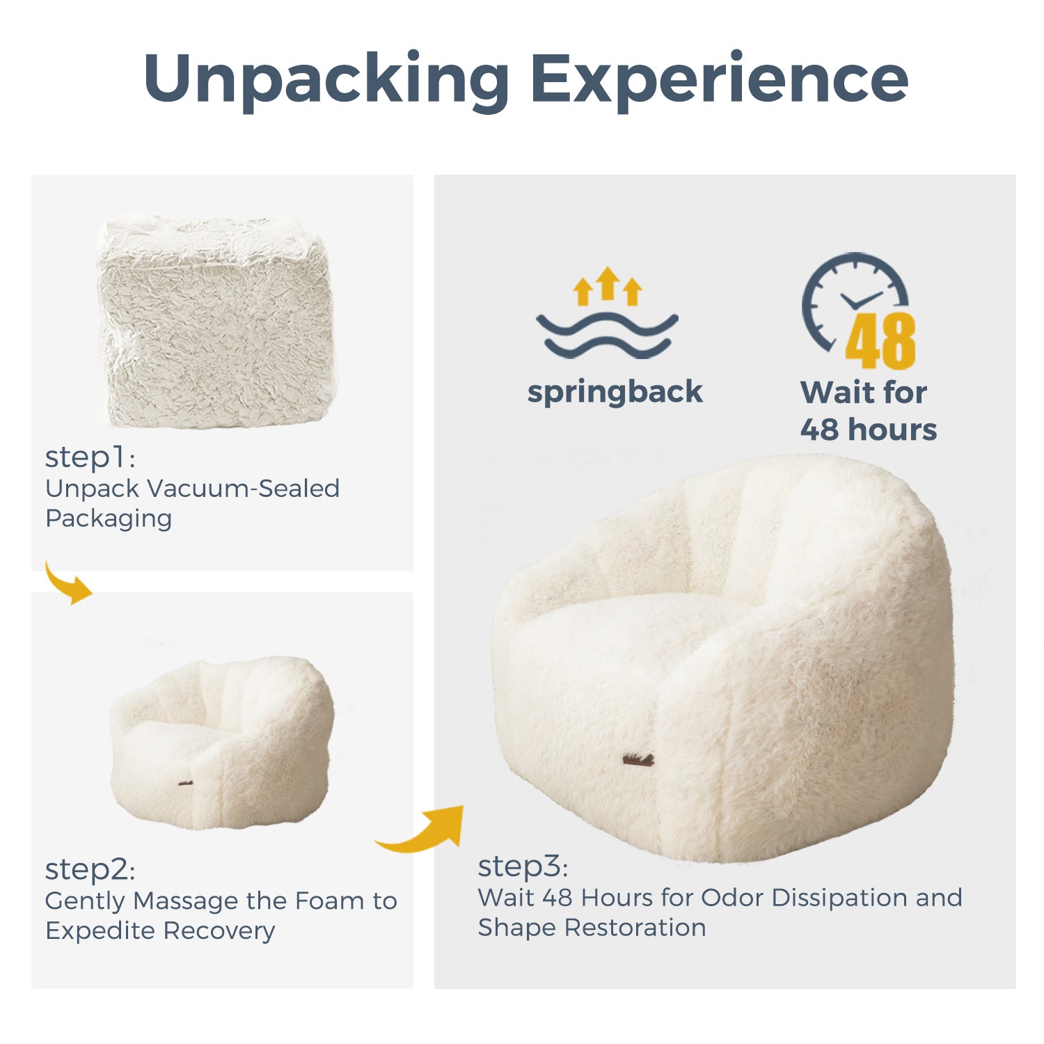 MAXYOYO Giant Bean Bag Chair - Fluffy Shaggy Floor Sofa with Shell Design, White - Perfect for Living Room, Bedroom, Dorm & Game Room Comfortable Seating