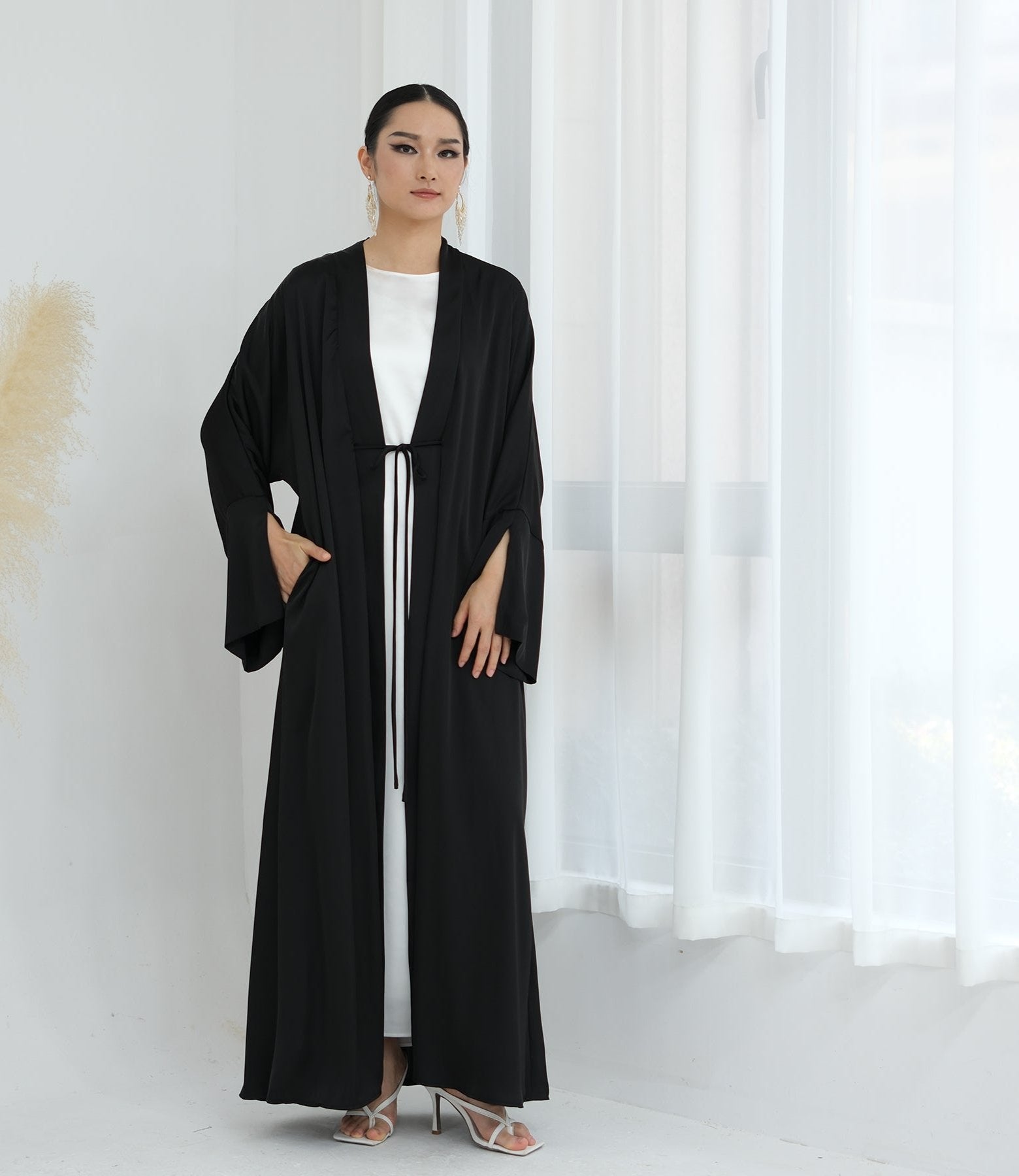 Lavinia Satin Open Abaya Dress for Women - Elegant Muslim Abaya Robe - Black Islamic Prayer Dress for Mosque, Eid & Special Occasions