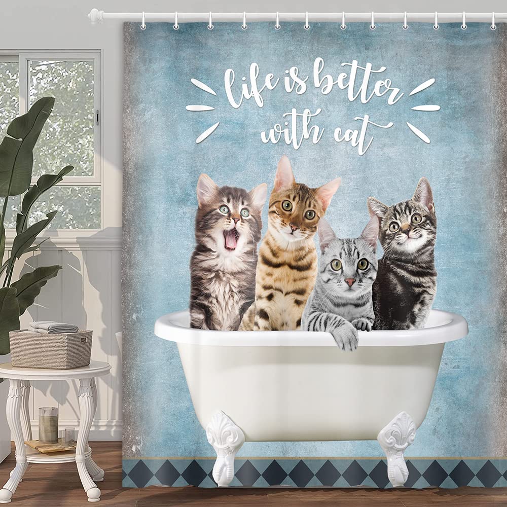 Funny Cat Shower Curtain - Cute Bathing Cat Design for Bathroom Decor, 47x64 Inch Waterproof Fabric - Perfect for Kids' Bathrooms, Pet Lovers & Unique Home Accessories
