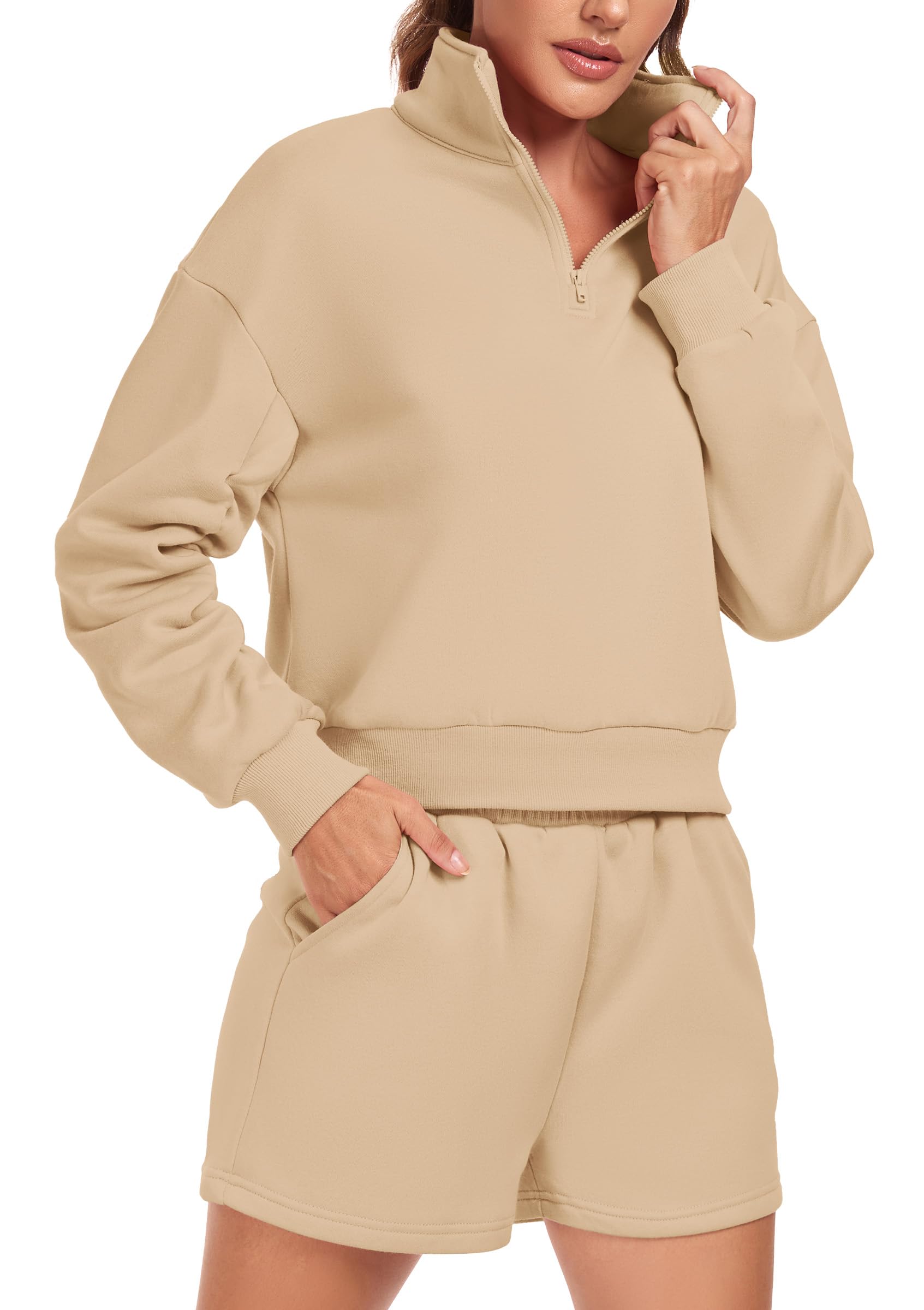 Women's 2 Piece Lounge Set - Oversized Half Zip Sweatshirt & Shorts Casual Tracksuit for Women | Comfortable Loungewear for Home, Yoga, Gym & Running