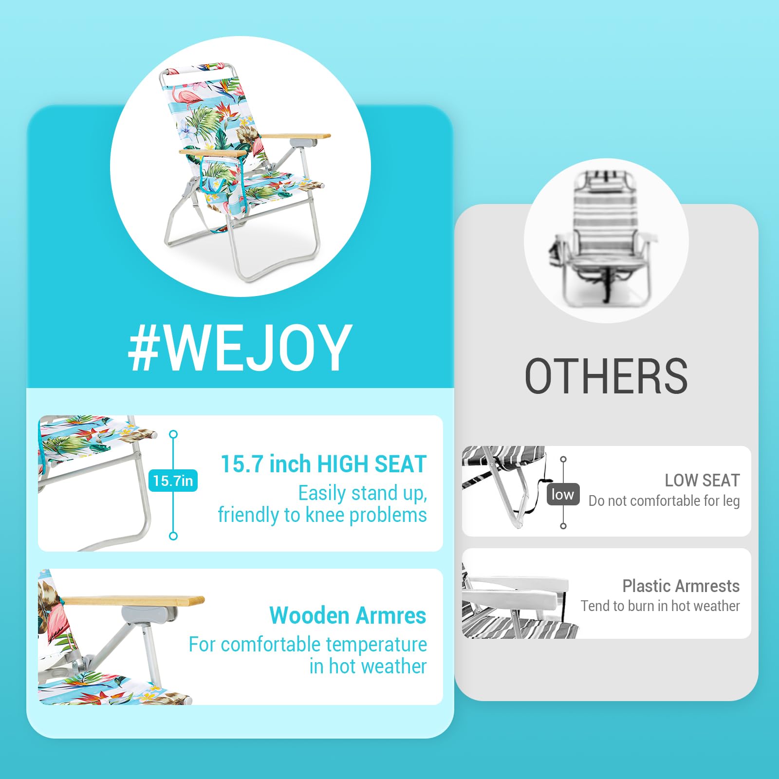 WEJOY High Back Aluminum Beach Chair - 2 Pack Adjustable Folding Camping Chairs with Wooden Armrest, Cup Holder & Storage Bag for Outdoor, Fishing, Sunbathing (Cyan Pink) - Perfect for Beach, Poolside, Backyard & Picnics