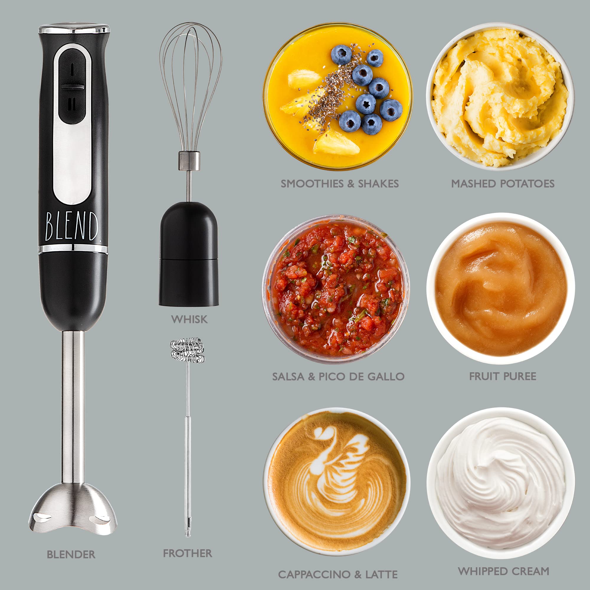 Rae Dunn 500W Immersion Hand Blender with Stainless Steel Blade - 2 Speed Handheld Blender with Egg Whisk & Milk Frother Attachments (Black) - Perfect for Smoothies, Soups, Sauces & Baking at Home