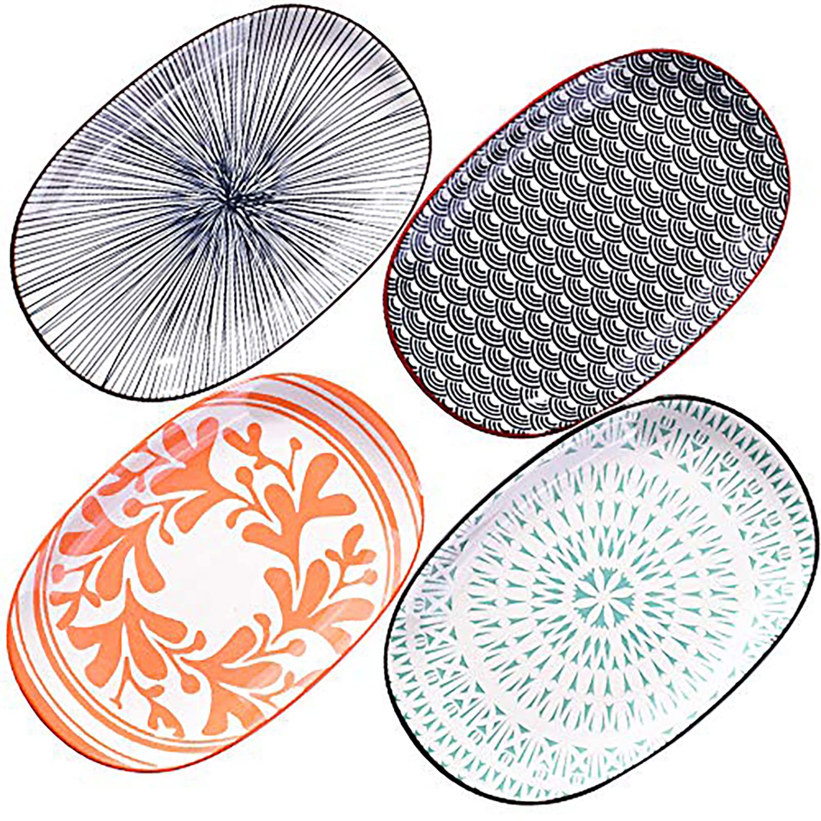 Premium Japanese Porcelain Sushi Plate Set - 4 Glazed Ceramic Dinner Plates 9.4 Inch Oval Fish Plates for Sushi, Appetizers & Asian Cuisine - Elegant Tableware for Restaurants, Home Dining & Parties