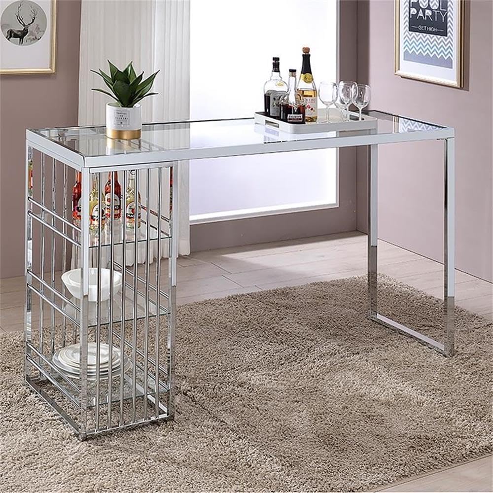 Furniture of America Norvel Modern Chrome Plated Glass Top Bar Table - Perfect for Kitchen, Dining Room & Home Bar Decor