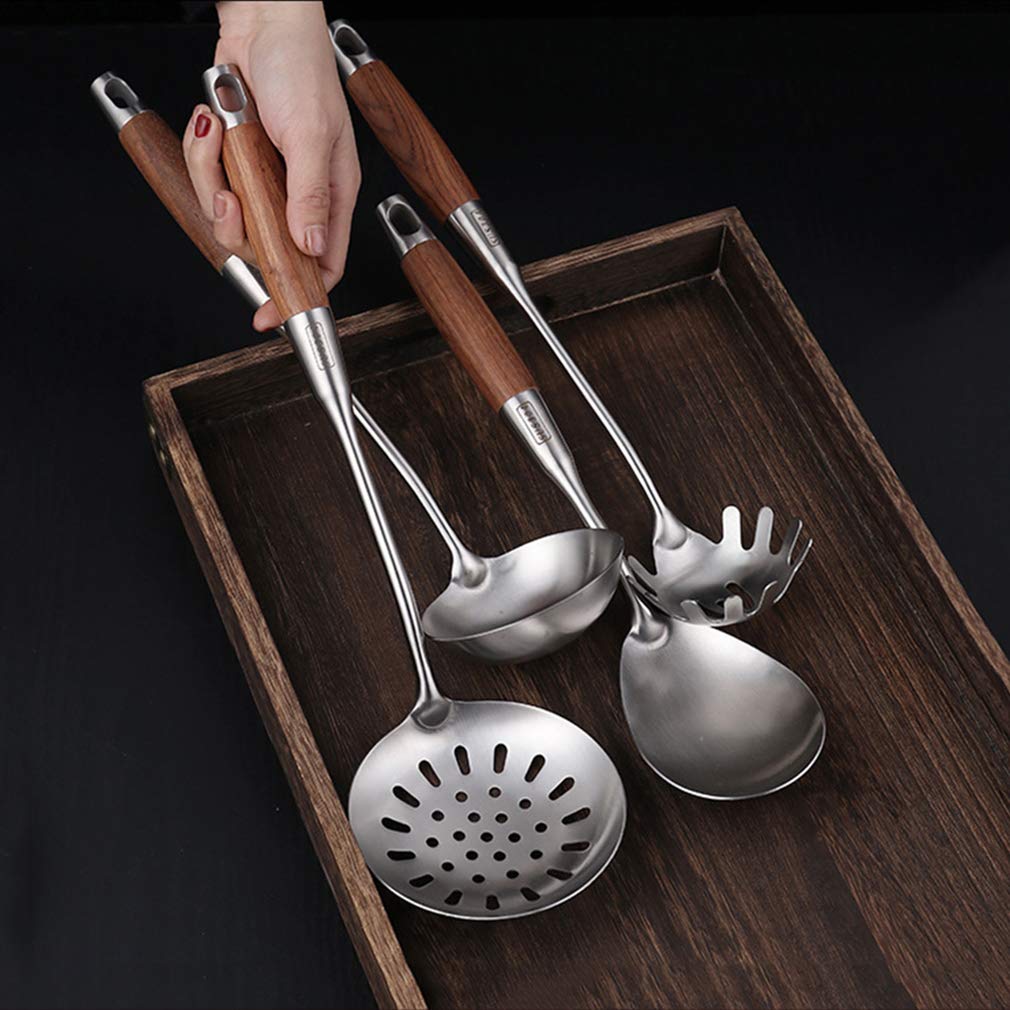 7-Piece Stainless Steel Kitchen Utensil Set with Wooden Handle - Non-Stick Heat Resistant Cooking Tools for Baking, Frying & Grilling - Perfect Cookware Gift Set for Home Chefs