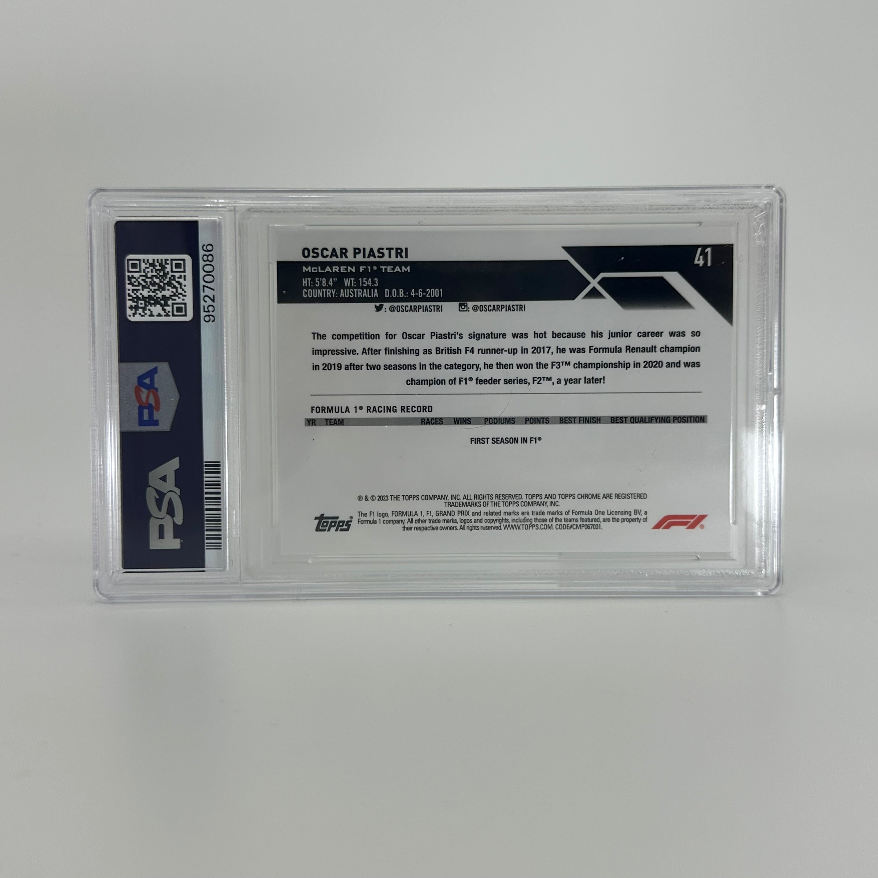 2023 Topps Chrome F1 Oscar Piastri #41 PSA 9 Rookie Card - 83/99 Aqua Sapphire Edition | Collectible Racing Memorabilia for F1 Fans & Sports Card Enthusiasts