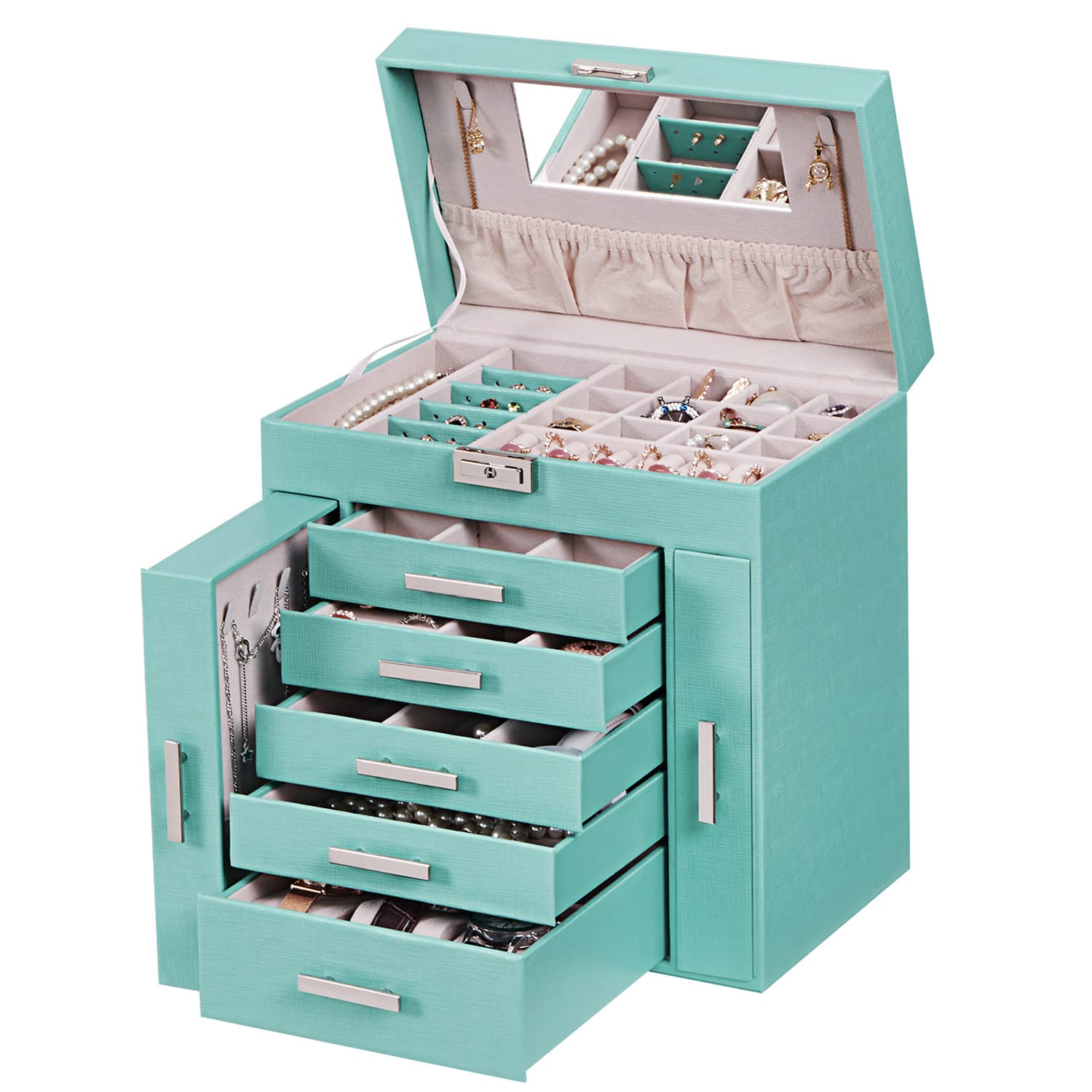 ANWBROAD Large Lockable Jewelry Organizer Box for Women - 6-Tier Display Storage Case with Mirror & Necklace Hanger | PU Leather Jewelry Box for Earrings, Rings, Bracelets | Perfect for Travel, Home Vanity & Gift Giving