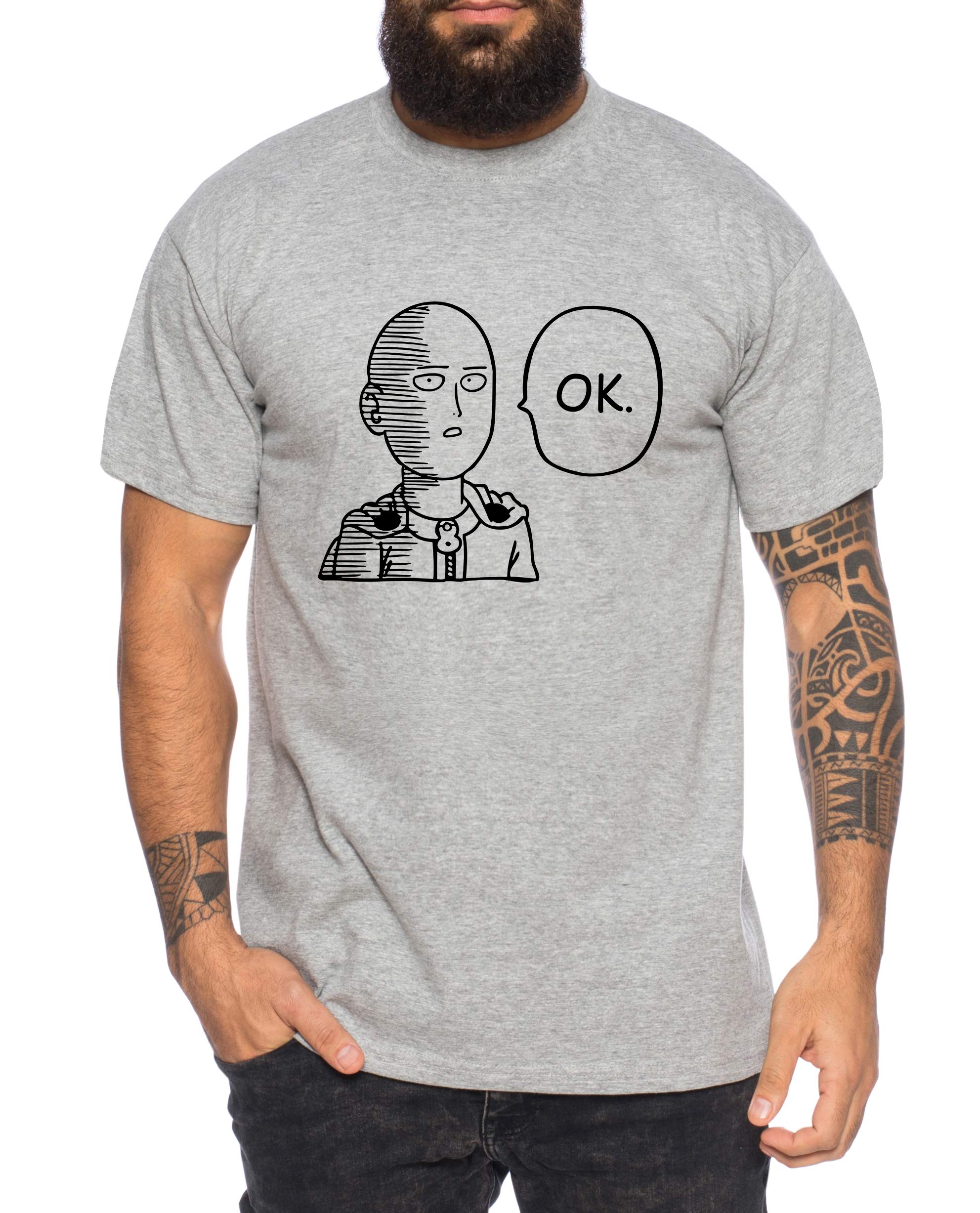 Tee Kiki Saitama OK Men's Anime T-Shirt - One Punch Man Manga Graphic Tee for Casual Wear & Anime Fans