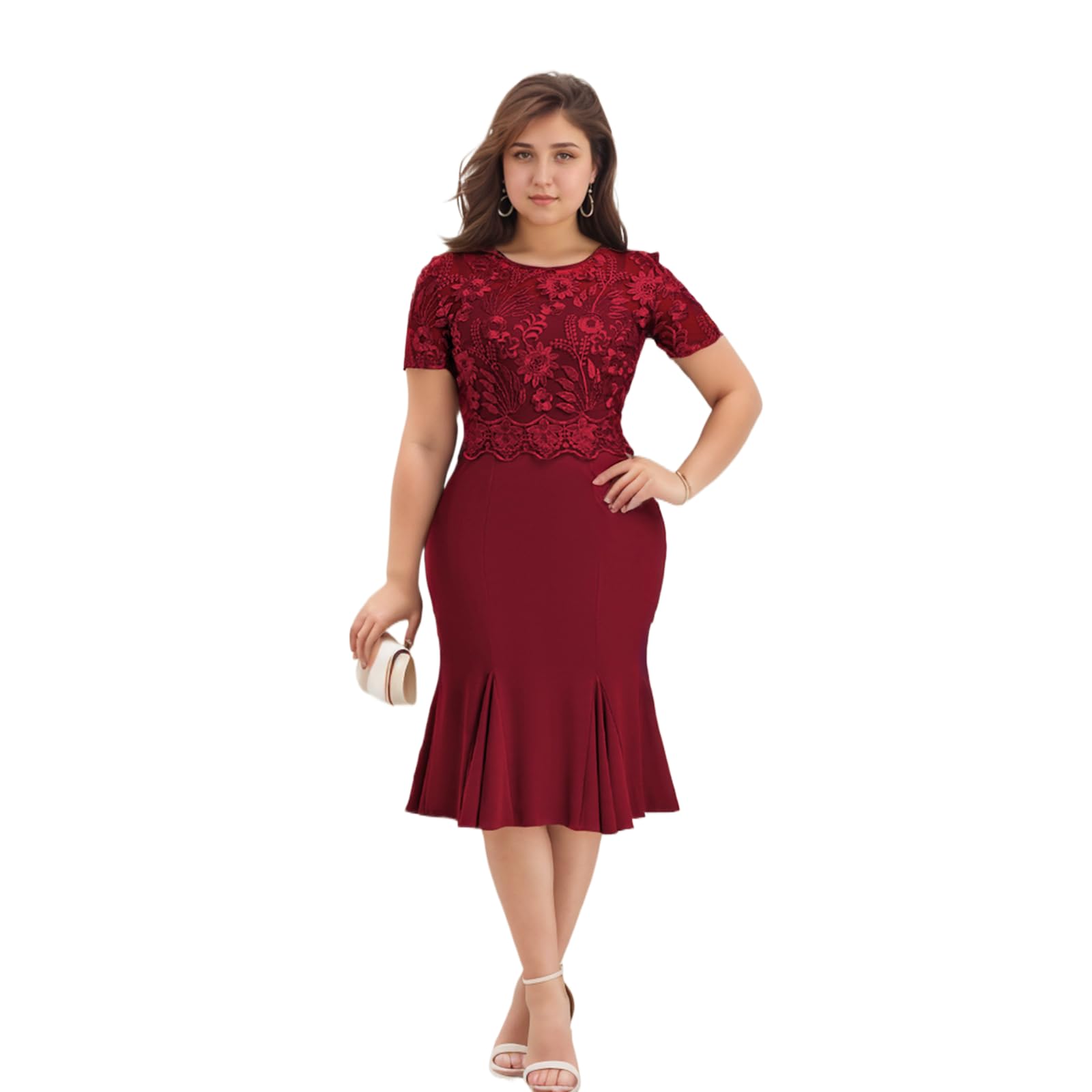 Floral Embroidered Wrap Midi Pencil Dress - Short Sleeve Summer Wedding & Cocktail Party Lace Dress for Women Plus Size | Perfect for Garden Parties, Date Nights & Formal Events