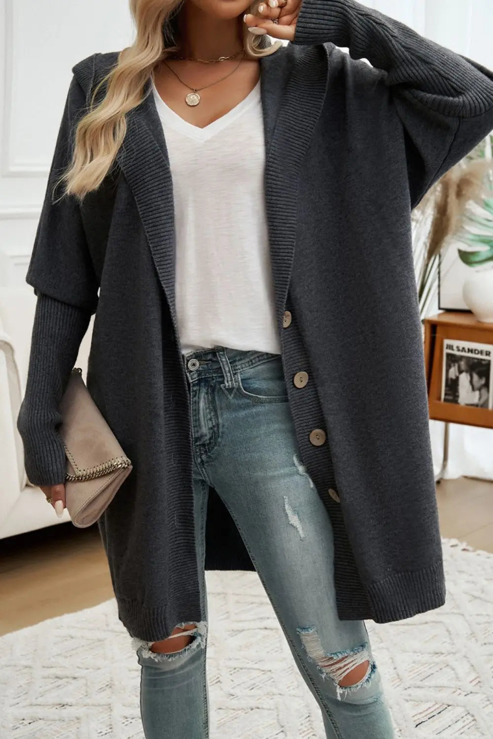 Women's Button Up Long Sleeve Hooded Cardigan Sweater - Cozy Fall & Winter Layering Piece for Casual Outfits and Office Wear