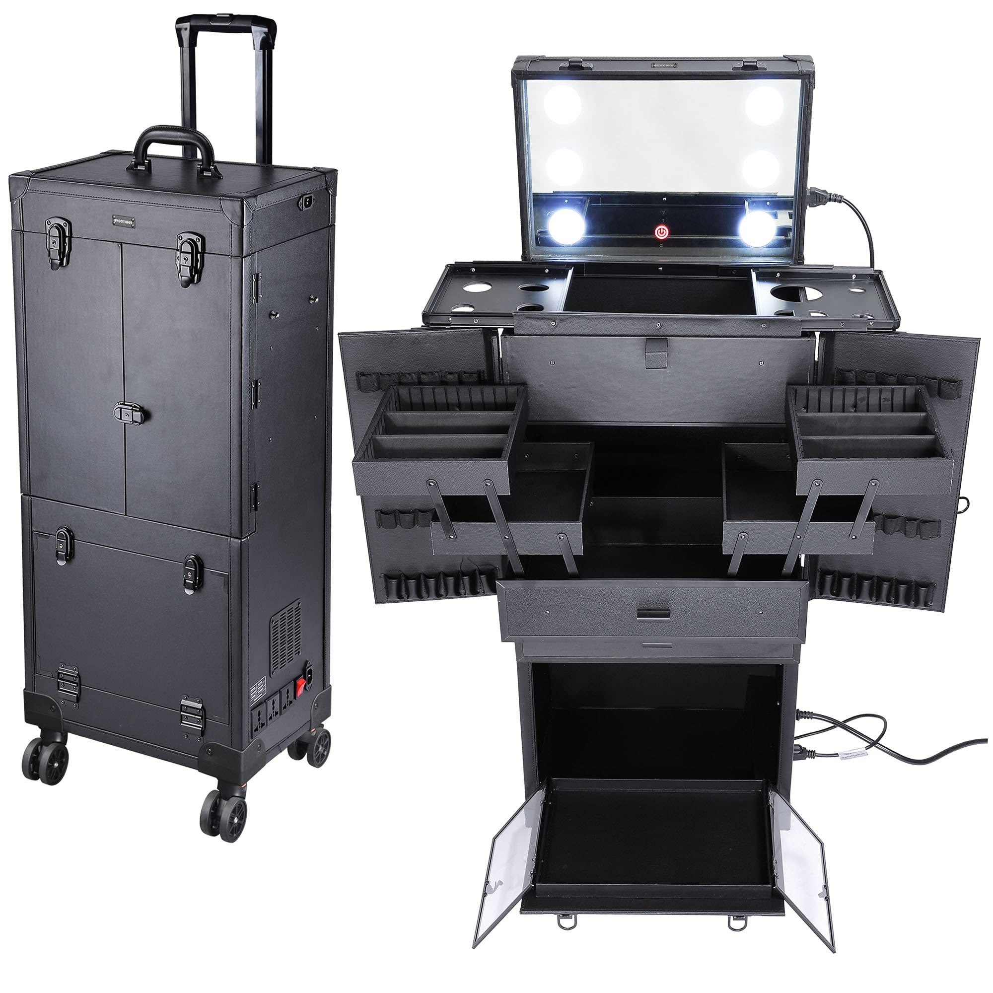 Professional Rolling Makeup Train Case with LED Light Mirror & Telescopic Legs - Portable Cosmetic Organizer Trolley for Artists, Salon Professionals & Travel - Perfect for Makeup Artists, Hairstylists & On-the-Go Beauty Essentials