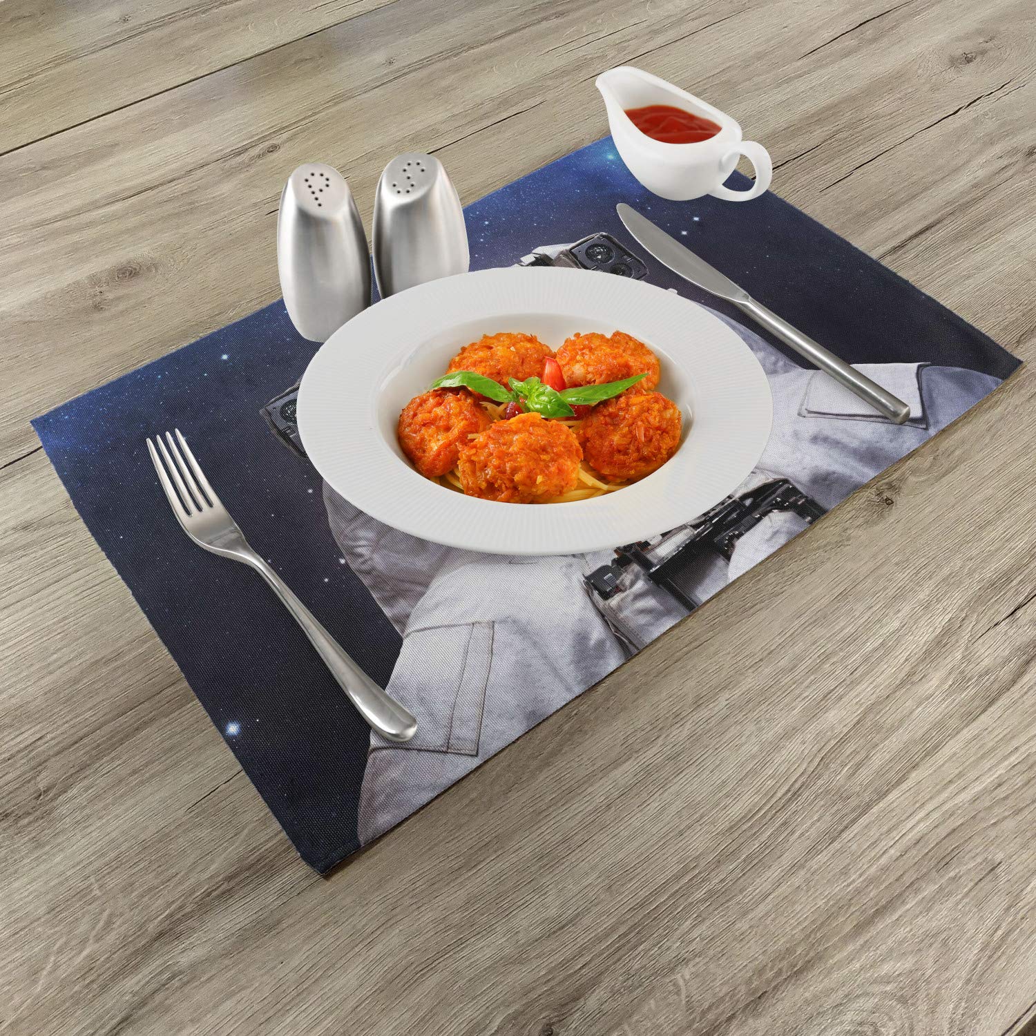 Ambesonne Space Cat Placemats Set of 4 - Milky Way Galaxy Astronaut Cat with Stars Design - Washable Fabric Table Mats for Dining Room & Kitchen Decor - Navy Blue & White - Perfect for Sci-Fi Themed Dinners & Space Enthusiast Home Decor