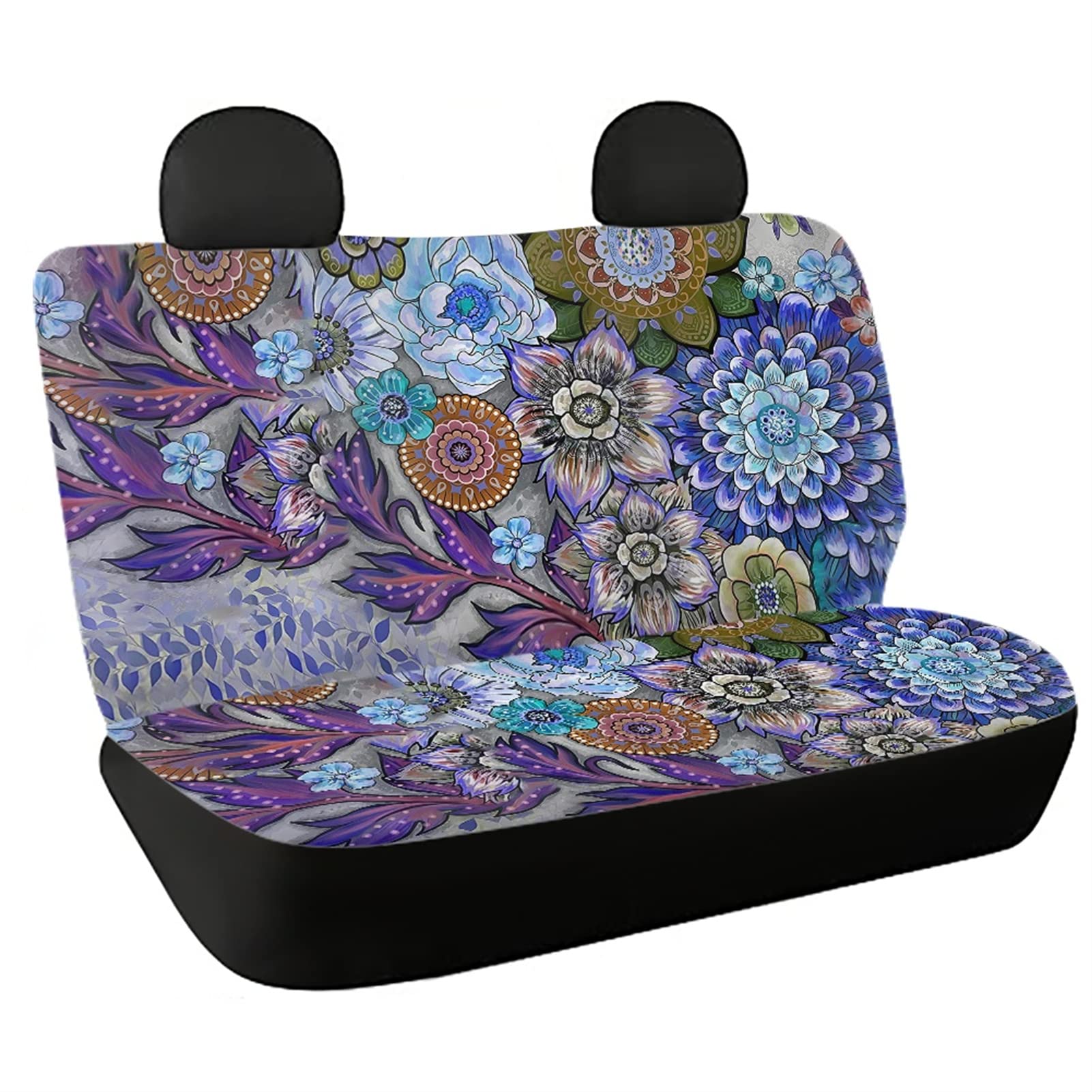 BYCHECAR Boho Car Seat Covers - Floral Split Bench Seat Protector for Women, Hippie Style Rear Saddle Blanket - Perfect for Road Trips, Daily Commutes & Vintage Car Decor