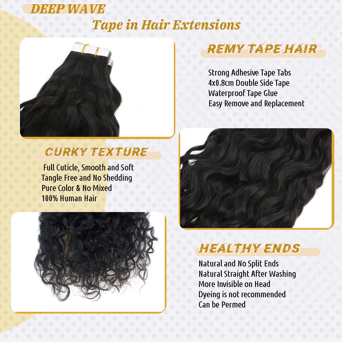 14 Inch Water Wave Tape in Human Hair Extensions - 20PCS Double Sided Loose Curly Brazilian Hair Weft (9A Quality, 50G) for Black Women - Perfect for Daily Styling, Parties & Special Occasions
