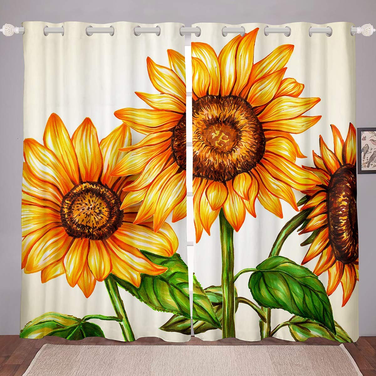 Floral Sunflower Print Blackout Curtains for Bedroom & Living Room - 2 Panels (52 x 63 Inch) - Nature Botanical Theme Window Treatments for Kids, Boys, Girls & Teens - Perfect for Nursery, Dorm or Home Decor