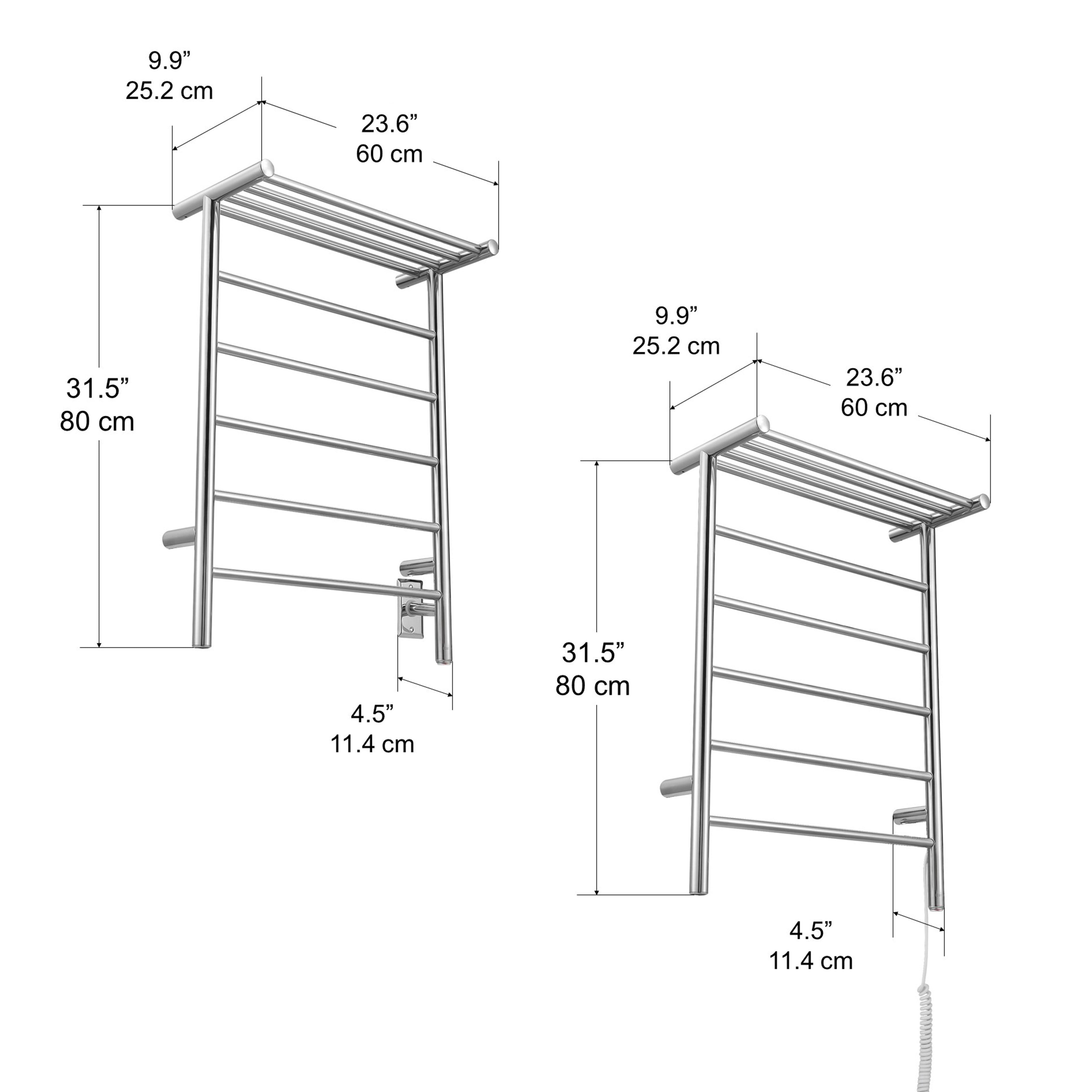 Miazzo 5 Bar Electric Wall Mounted Towel Warmer with Shelf - Plug In or Hardwire Installation - Polished Stainless Steel - Perfect for Bathrooms, Spas & Luxury Homes