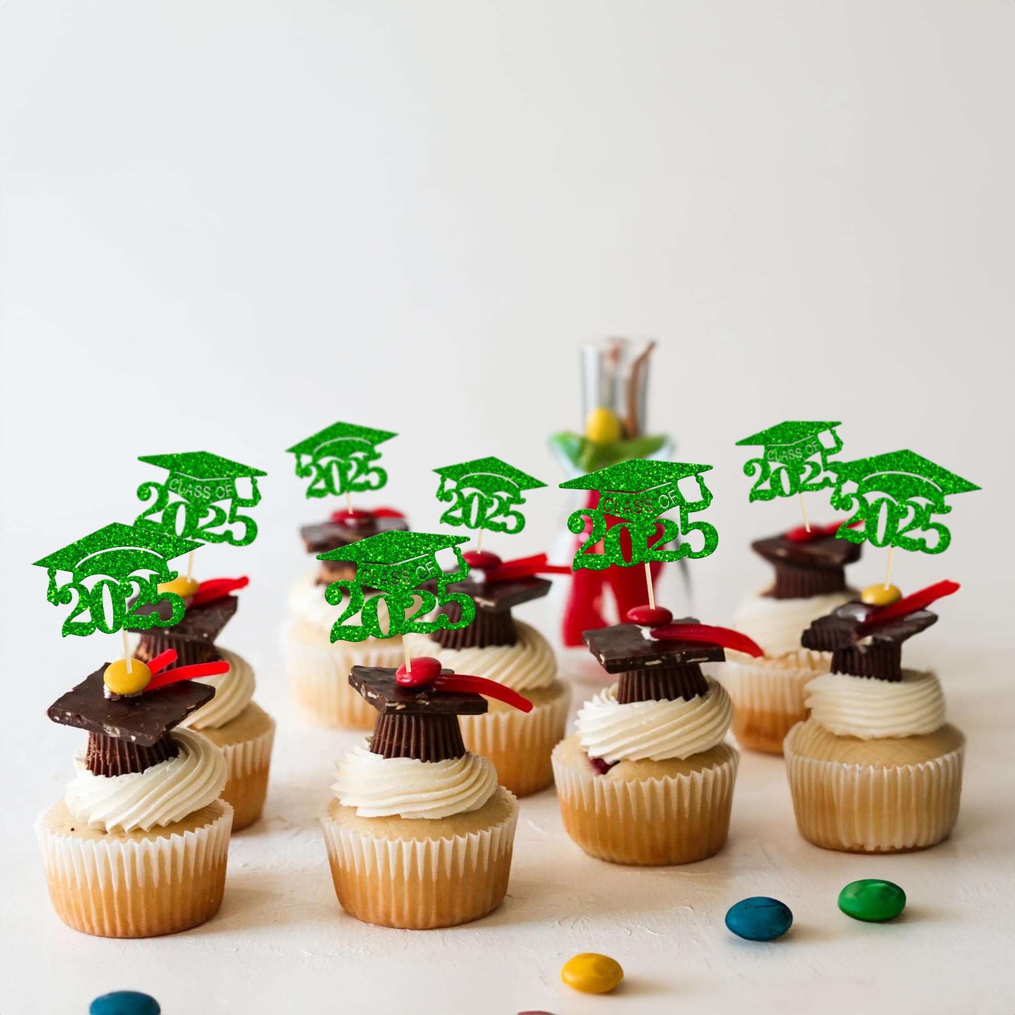 24Pcs Class of 2025 Graduation Cupcake Toppers - Green Glitter Diploma Decorations for Graduation Party, Mini Cake & Dessert Decor - Perfect for 2025 Grad Celebrations, School Events & Commencement Treats