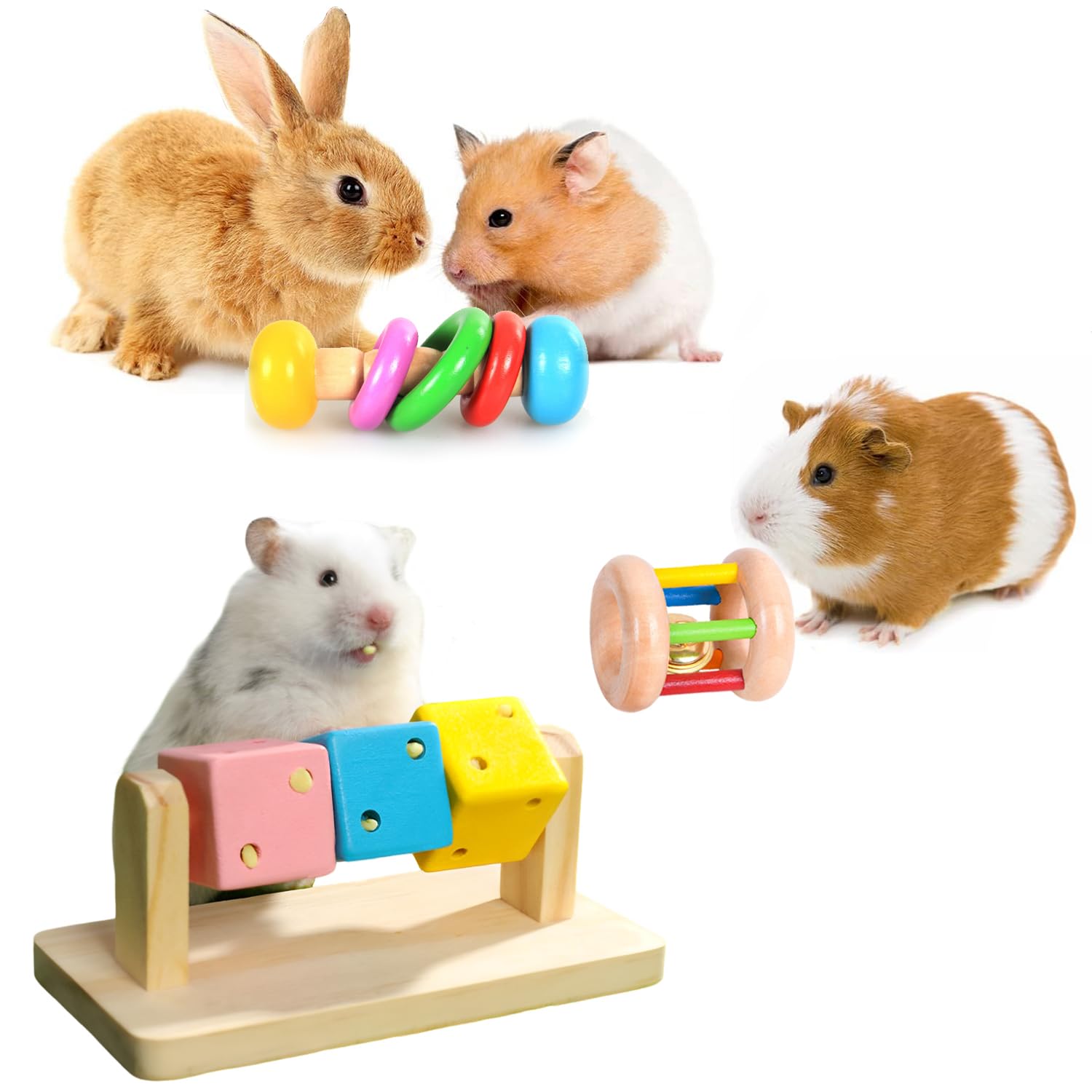 3 Pack Natural Wooden Hamster Chew Toys - Safe Eco-Friendly Small Animal Toys for Rabbits, Guinea Pigs, Chinchillas | Bite-Resistant Teeth Grinding Toys for Indoor Play & Cage Enrichment