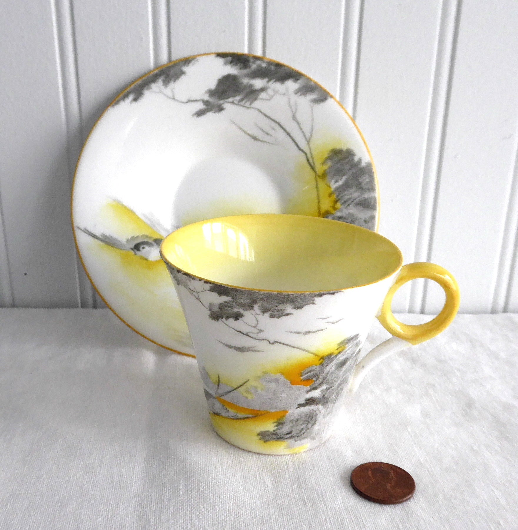Vintage Shelley Art Deco Lakeland Cup and Saucer Set - 1930s Landscape Bird Design, Regent Shape Demi - Perfect for Tea Collectors & English Afternoon Tea Parties