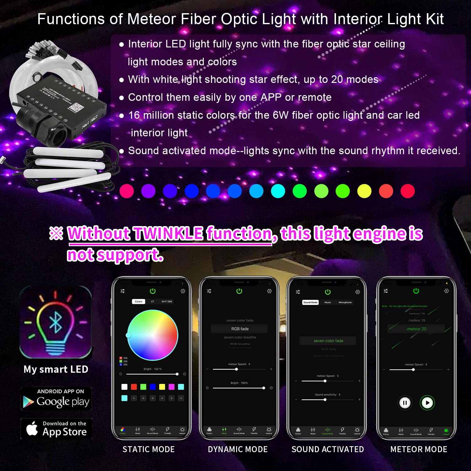 AKEPO 3-in-1 Fiber Optic Lights Kit with APP Control - 6W RGBW Star Ceiling Light & Car Under Dash LED - Meteor Effect & Music Sync - 295pcs Mixed Diameter Fibers (9.8ft) - Perfect for Bedroom, Car Interior, and Party Decorations