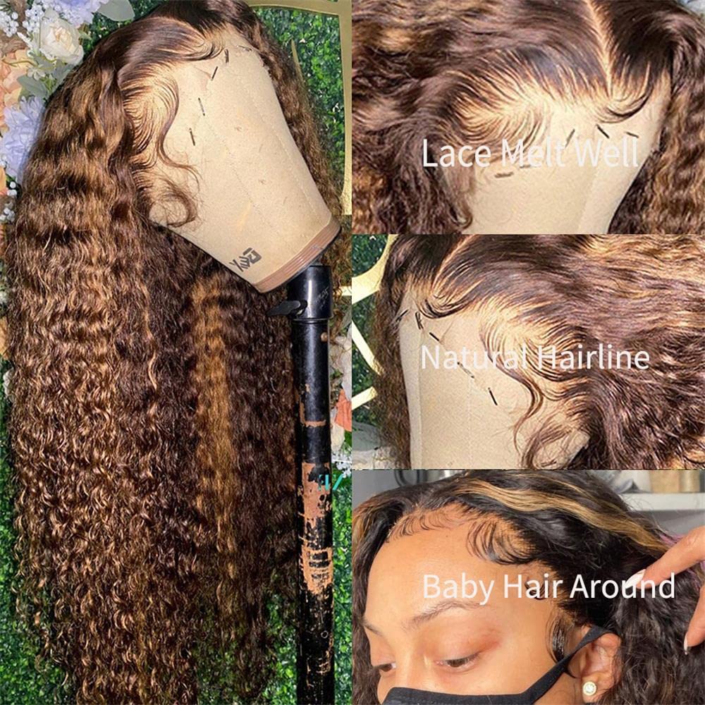 13x4 Transparent Lace Front Human Hair Wig - 28 Inch Ombre Honey Blonde to Brown Deep Curly Brazilian Virgin Hair - Pre Plucked 150 Density Lace Front Wig for Black Women | Perfect for Daily Wear, Parties & Special Occasions