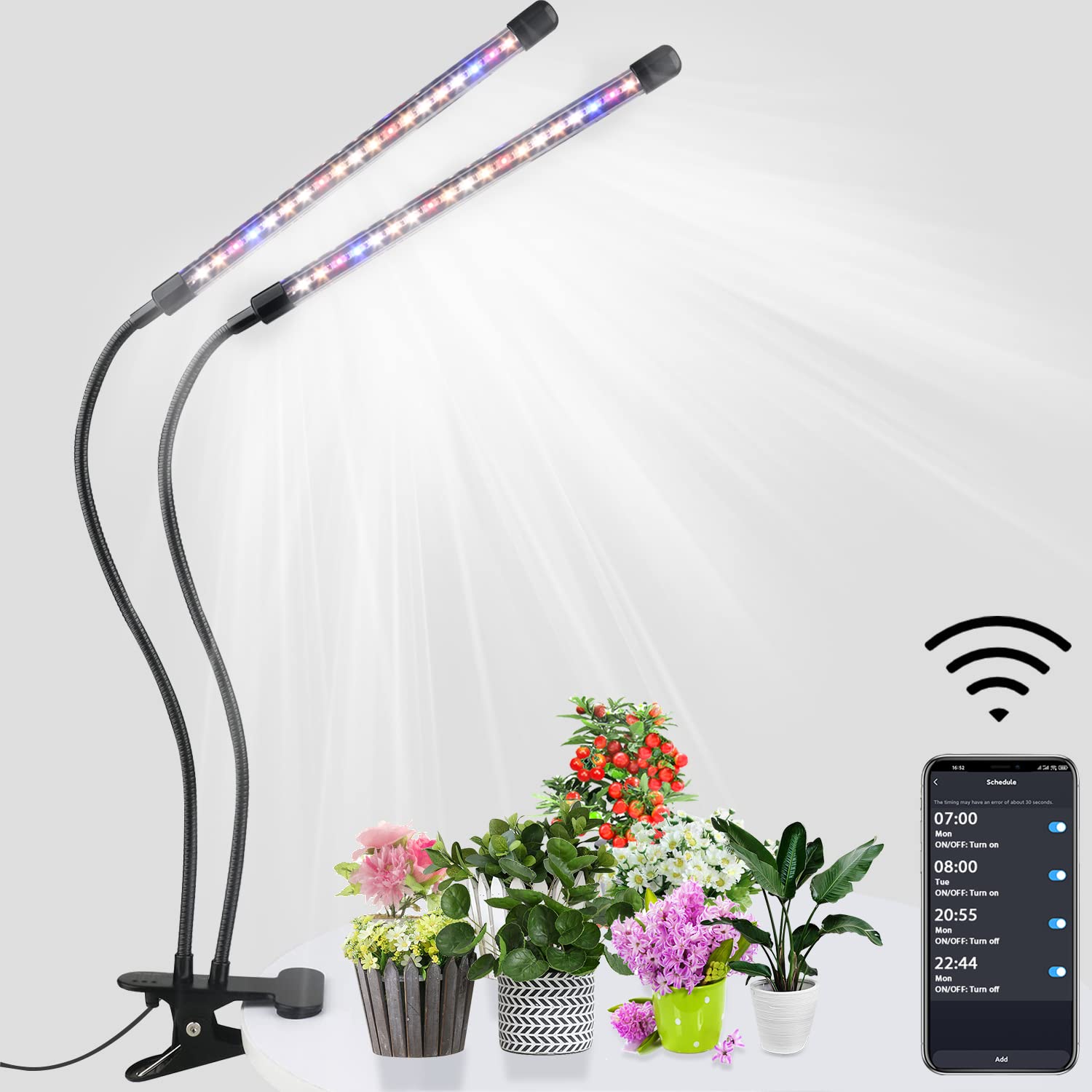 Full Spectrum LED Grow Lights for Indoor Plants - Smart WiFi Grow Light with Timer & Dimmable Clip, App/Voice Control (Alexa/Google/Siri Compatible) - Perfect for Hydroponics, Greenhouses & Home Gardening (2 Tube)