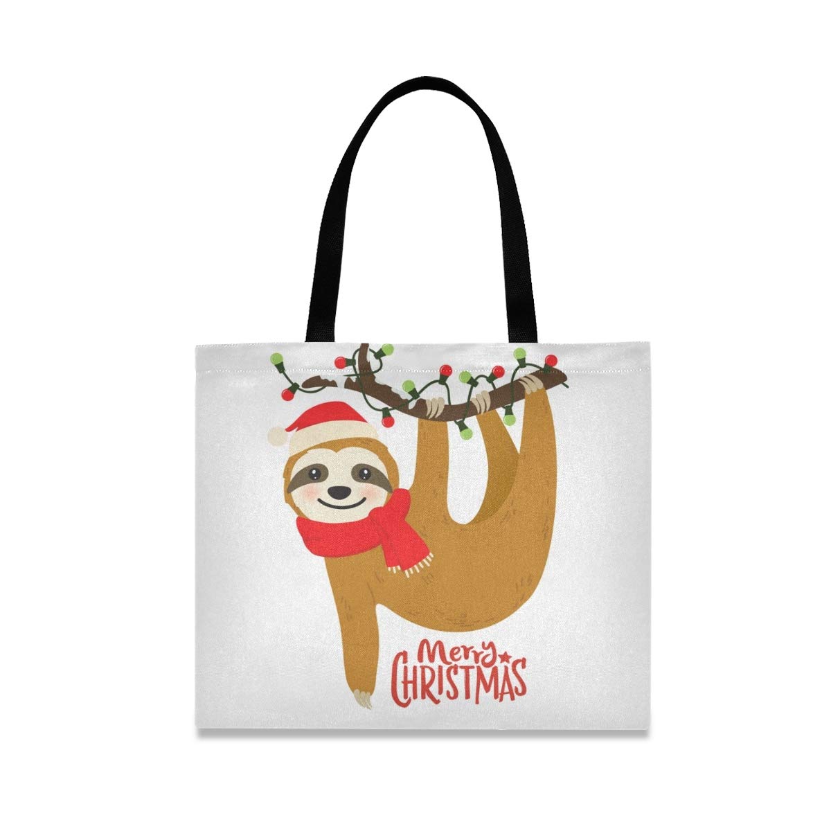 Cute Cartoon Sloth Christmas Holiday Canvas Tote Bag for Women - Large Reusable Grocery Shopping Bag with Interior Pocket - Perfect for Gym, Beach, Travel & Outdoor Activities