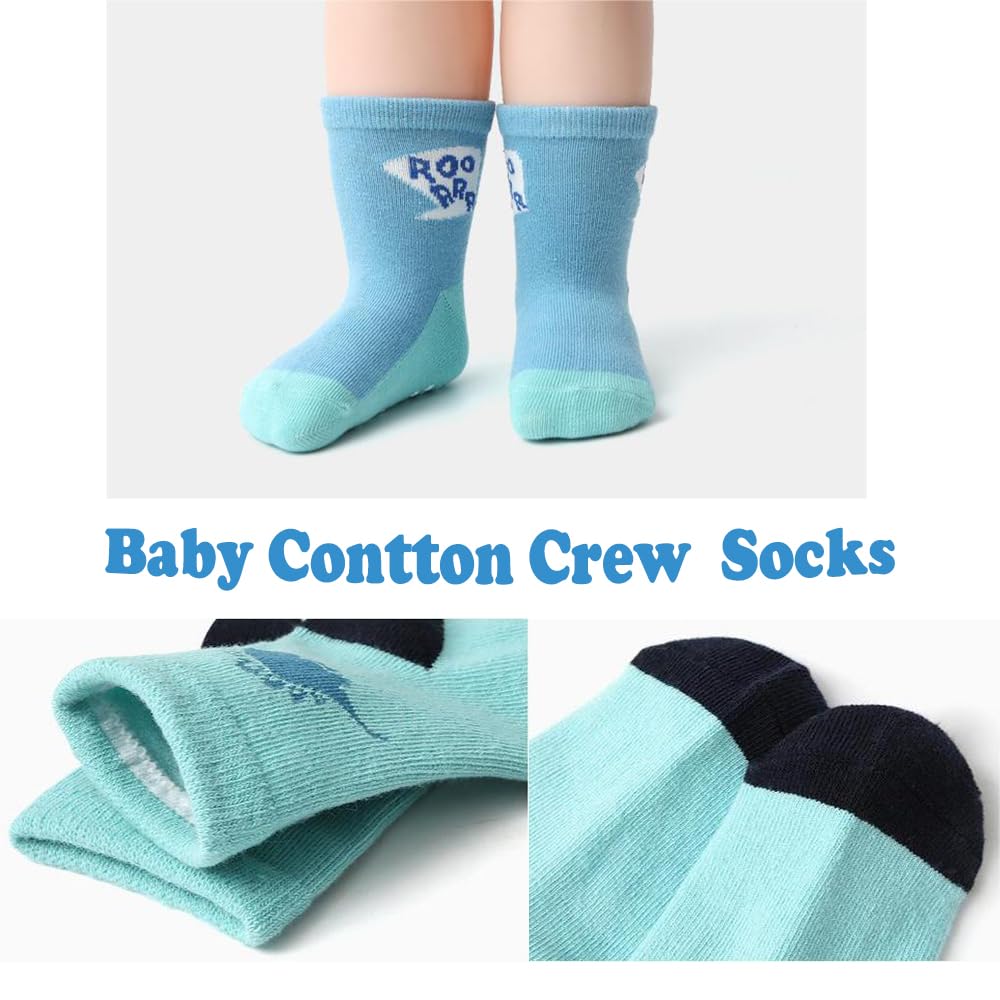 **Non-Slip Baby Boys' Dinosaur Socks - 12 Pack Soft Cotton Crew Socks with Grips for Toddlers & Kids - Perfect for Playtime, School & Daily Wear**