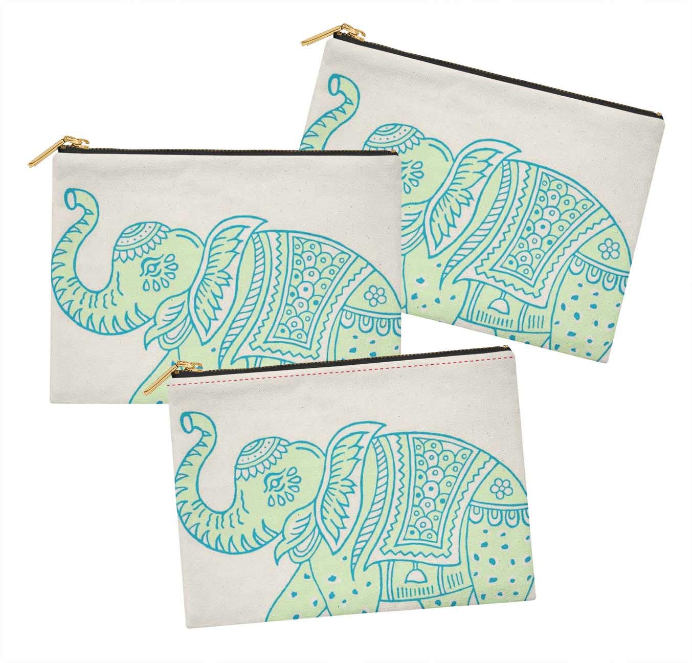 Sassy Green Elephant Printed Cosmetic Bag - Pack of 3 Waterproof Makeup Pouches (6x8 Inches) for Travel, Toiletries & Coin Storage | Cute Animal-Themed Organizer