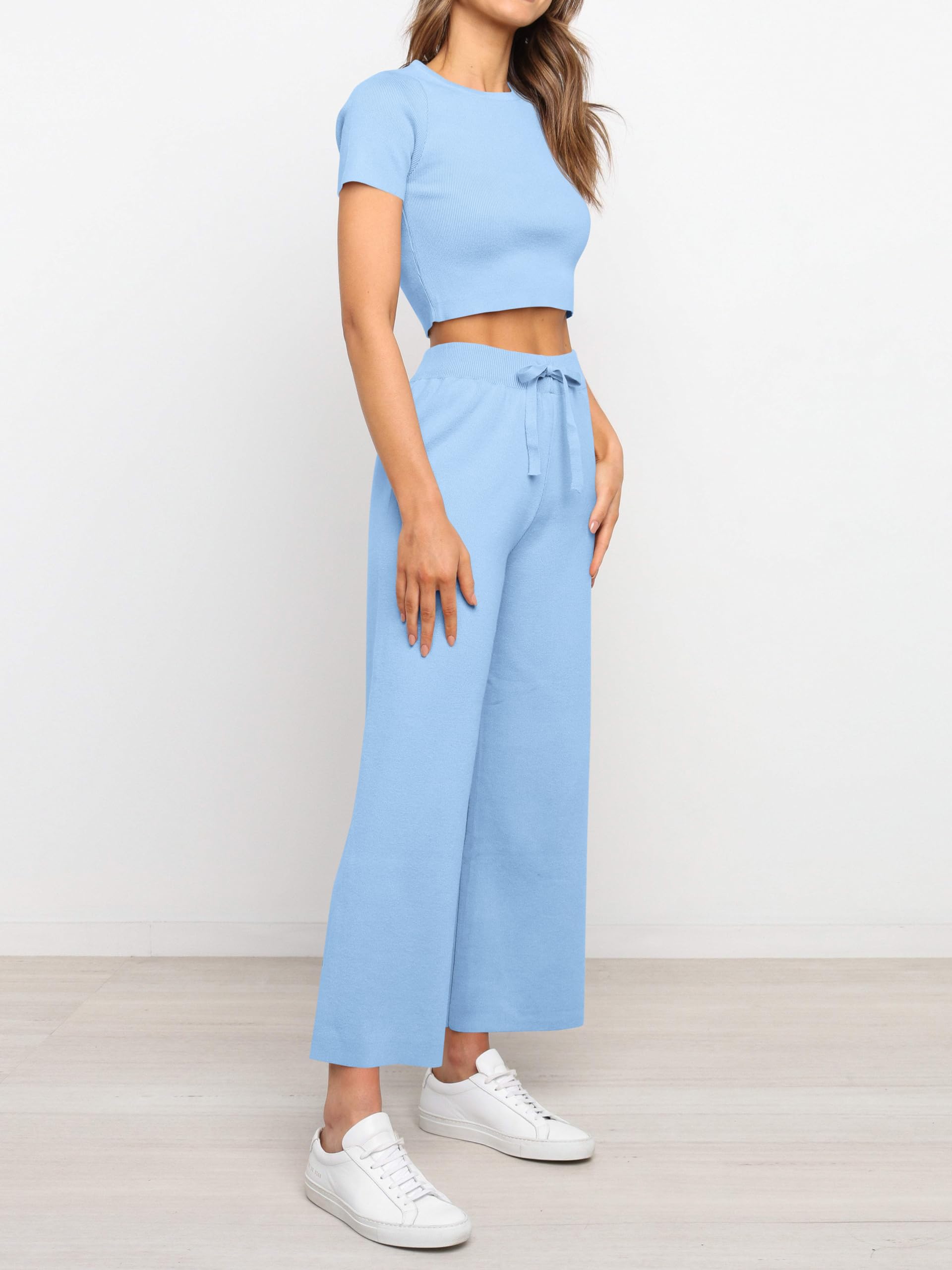 Fisoew Women's 2 Piece Outfits - Soft Knit Short Sleeve Crop Top & High Waisted Lounge Pants Set for Casual Wear, Home, Travel & Street Style