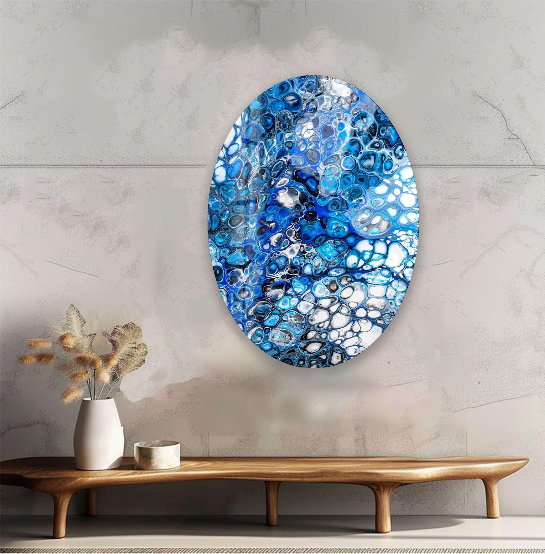 Asymmetrical Oval Stained Navy Blue Glass Wall Art - Handmade Modern Home Decor for Living Room, Bedroom & Office - Unique Abstract Glass Wall Hanging for Contemporary Interior Design