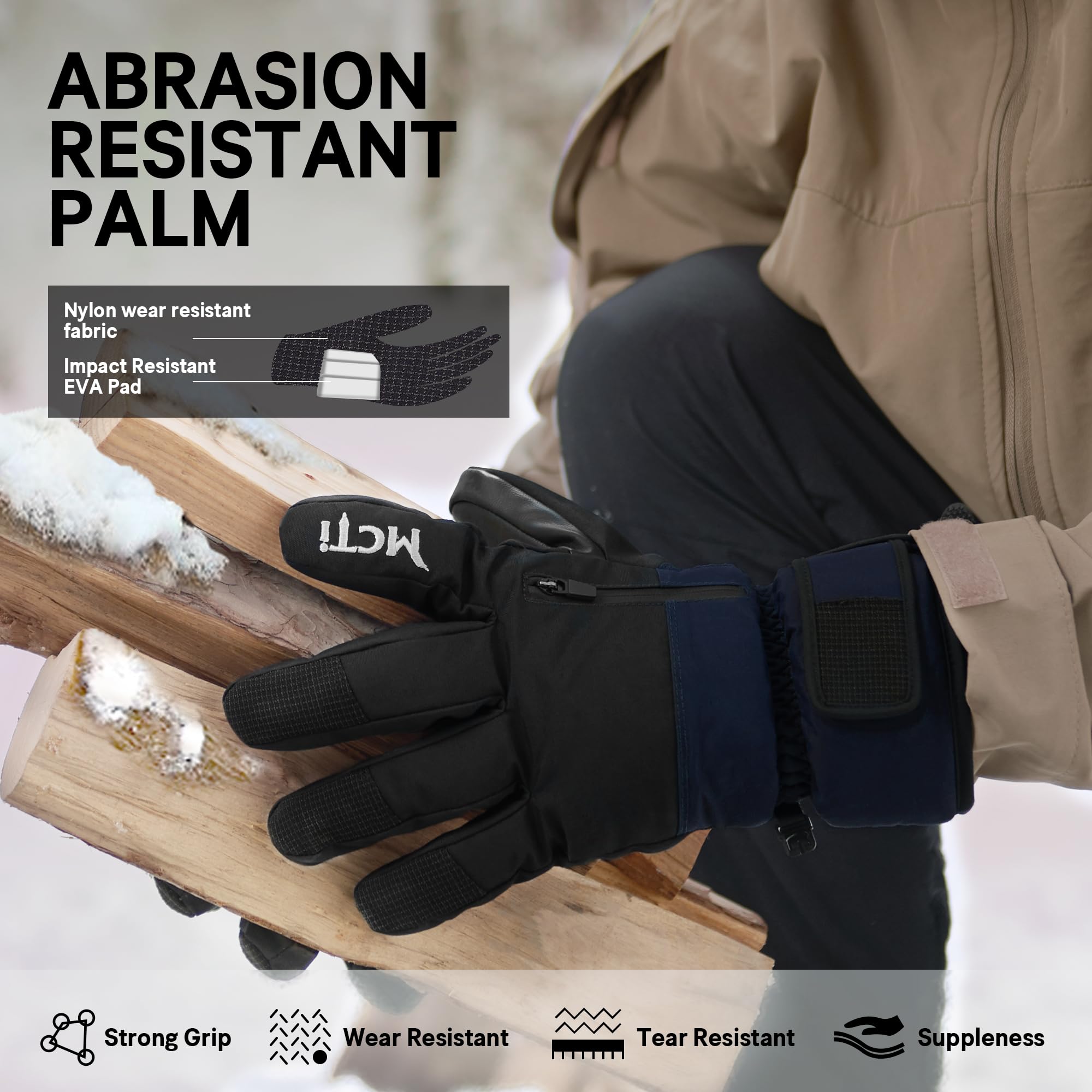 **MCTi Men's Waterproof Insulated Snowboard & Ski Gloves - Winter Sports Gloves with Abrasion-Resistant Palm for Cold Weather & Outdoor Activities**
