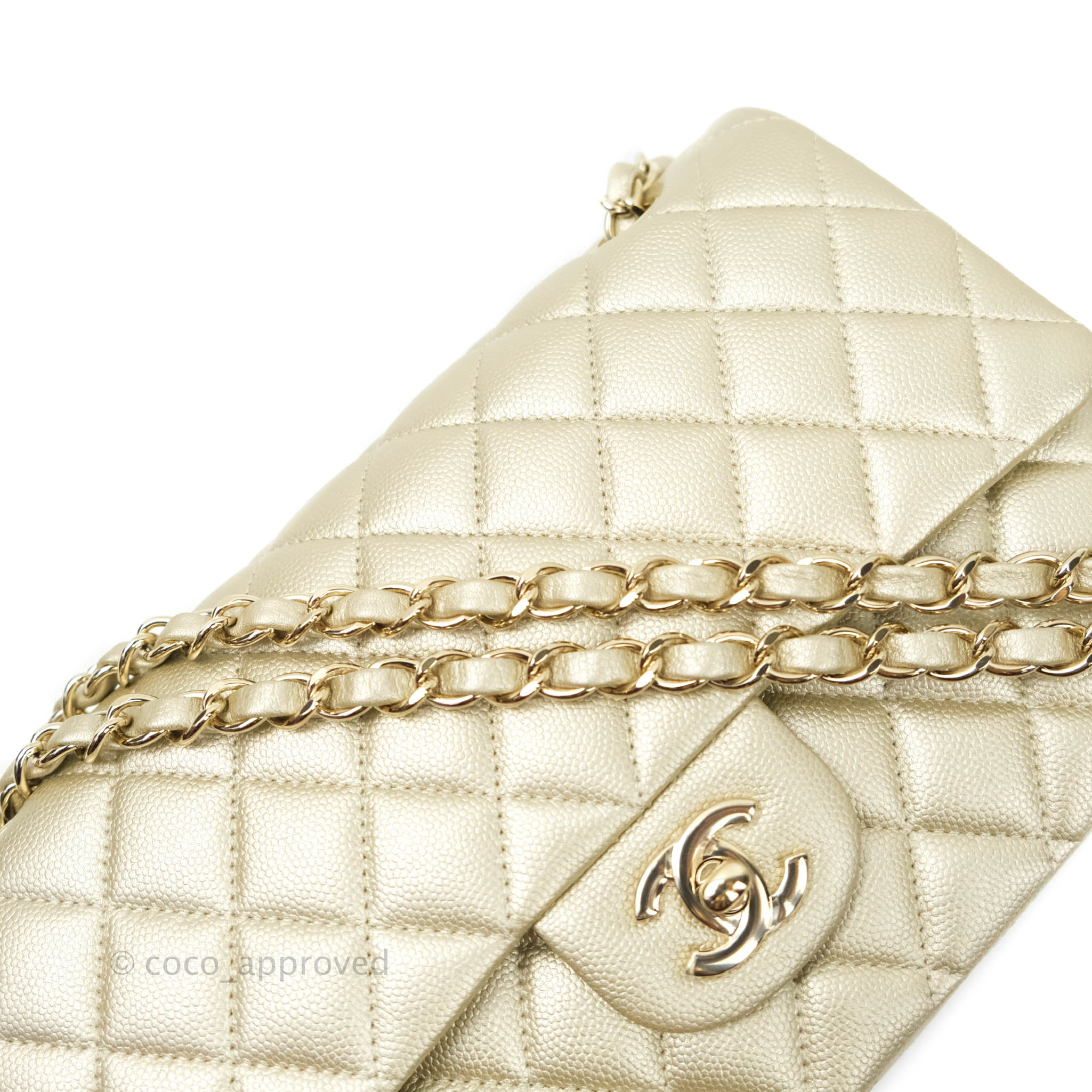 Chanel Classic Medium Double Flap Bag in Light Gold Caviar Leather with Gold Hardware | Luxury Designer Handbag for Women | Perfect for Work, Evening Events & Special Occasions