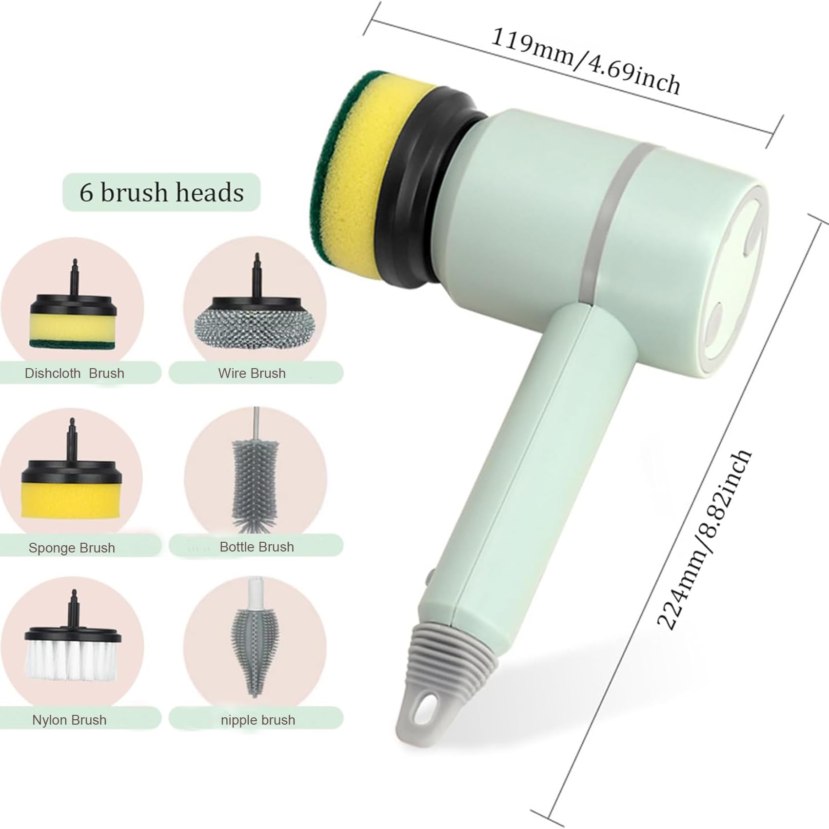 **Dish Buddy Electric Scrubber - Wireless Rechargeable 360° Rotating Cleaning Brush with 6 Replaceable Brush Heads (Green) - Perfect for Kitchen, Bathroom, Tiles & Grout Cleaning**