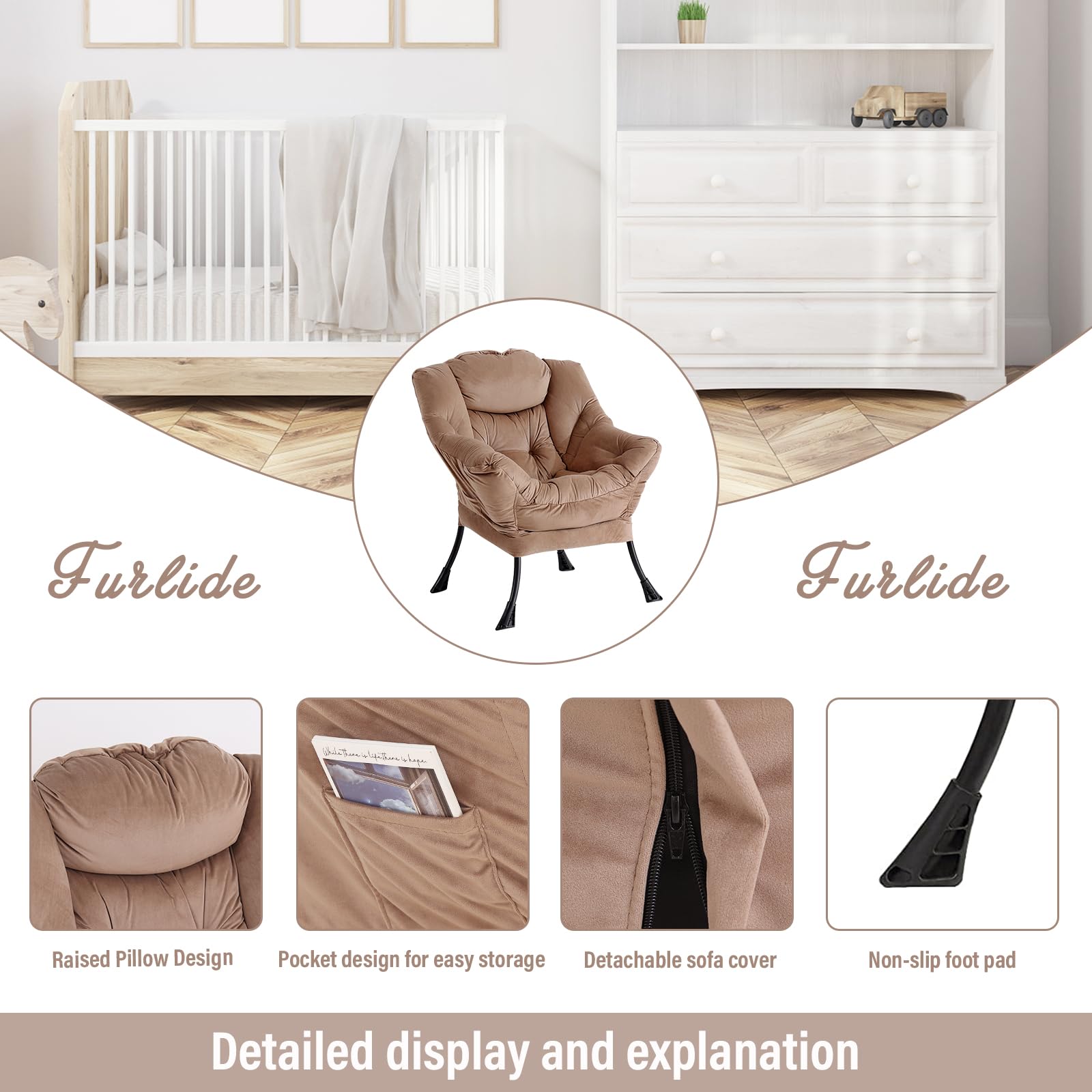 Modern Lazy Chair with Ottoman - Folding Footrest Lounge Accent Chair for Bedroom, Living Room & Study - Oversized Comfortable Reading Armchair - Perfect for Relaxing, Napping & Courtyard Lounging (Khaki)