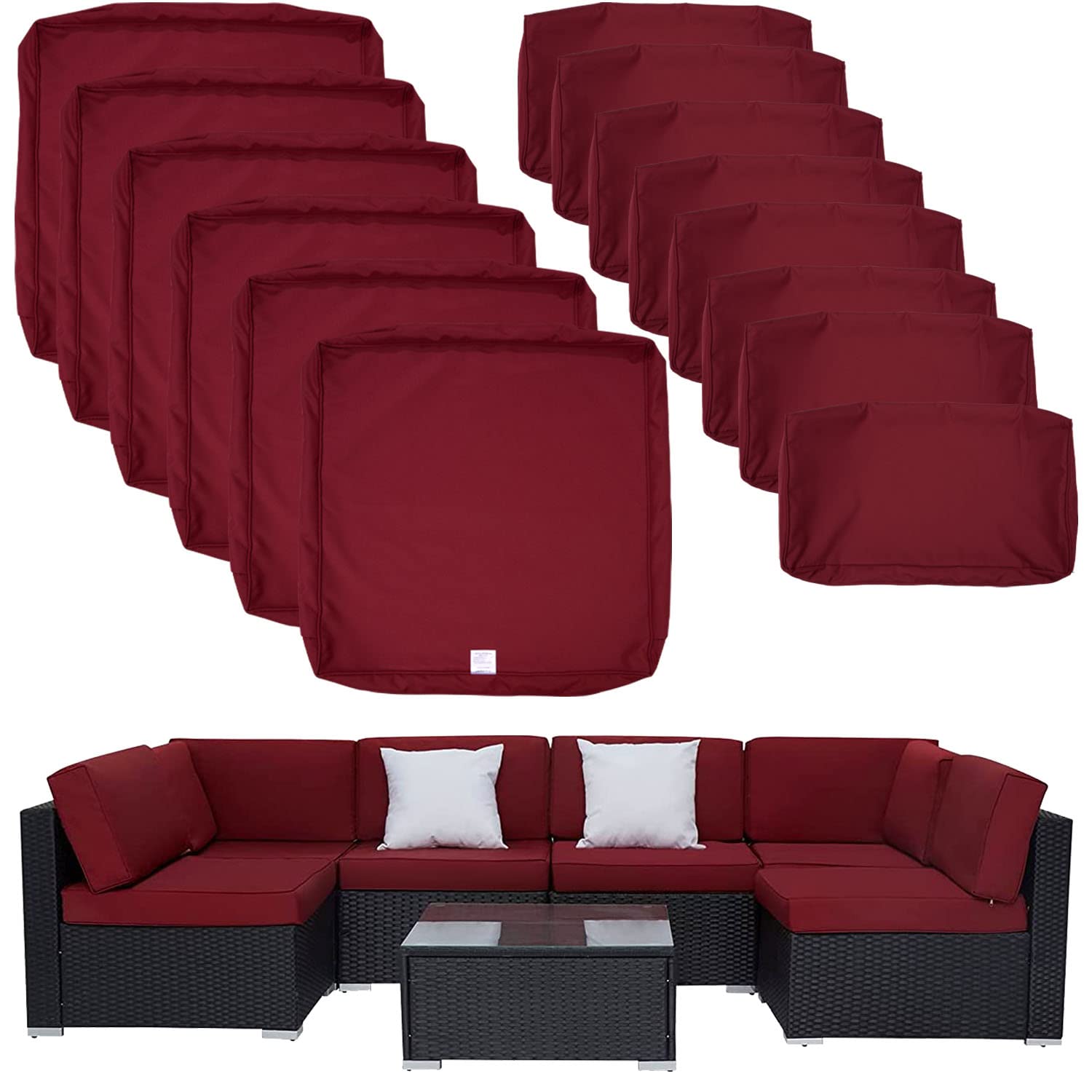 14-Pack Burgundy Outdoor Patio Seat & Back Cushion Covers - Replacement for 7-Piece 6-Seater Wicker Rattan Sectional Sofa Set (Covers Only, Large Size) - Perfect for Garden, Poolside & Patio Furniture Protection