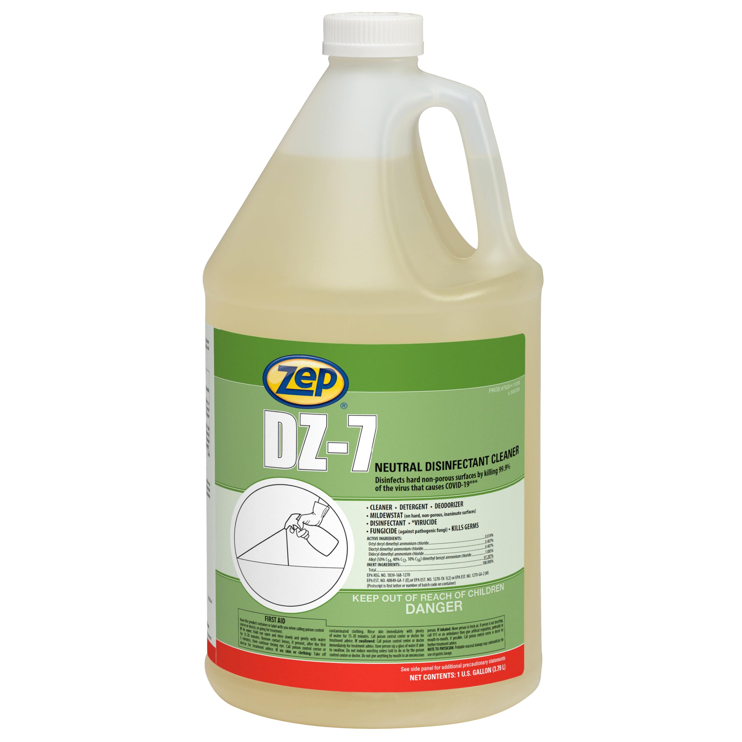 Zep DZ-7 Neutral Disinfectant Cleaner - 1 Gallon (Case of 4) | Hospital-Grade Disinfectant for Commercial & Home Use | Kills 99.9% Germs & Viruses | Safe for Floors, Countertops & High-Touch Surfaces