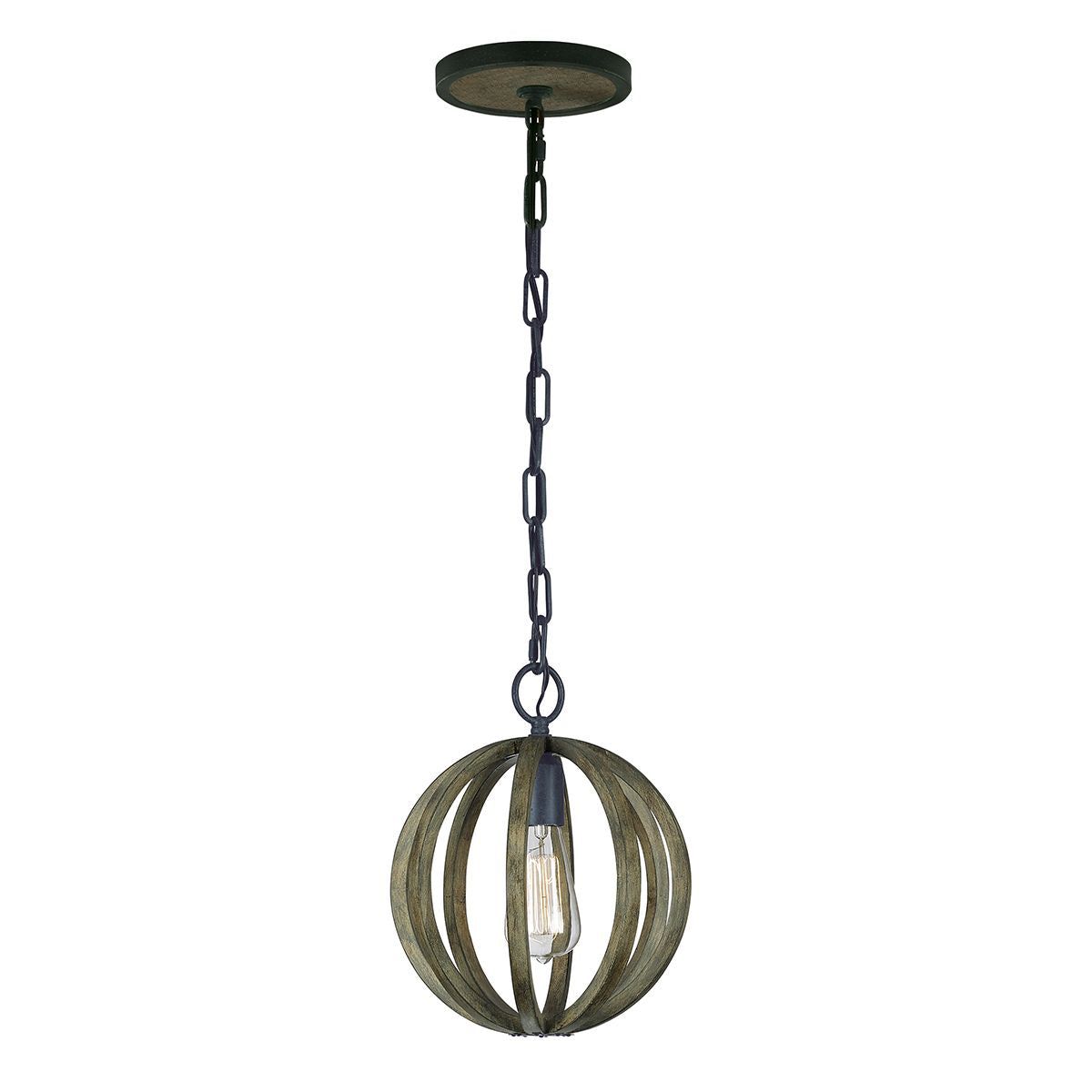 Allier 1L Mini Pendant Ceiling Light - Weather Oak Wood & Antique Forged Iron Finish - Perfect for Farmhouse, Rustic & Industrial Home Decor