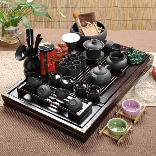 Premium Wooden Tea Tray with Ceramic Kung Fu Tea Set - Traditional Chinese Black Tea Service for Home, Office & Tea Ceremonies