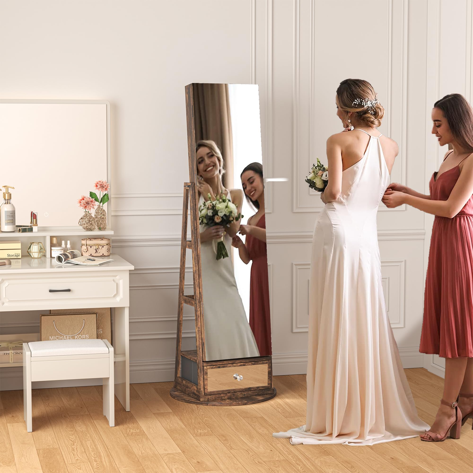 360° Swivel Jewelry Cabinet with Mirror - 6 LED Lights, Rotatable Full Length Mirror & Jewelry Storage Shelf | Standing Jewelry Armoire Organizer for Bedroom, Closet & Dressing Room Decor