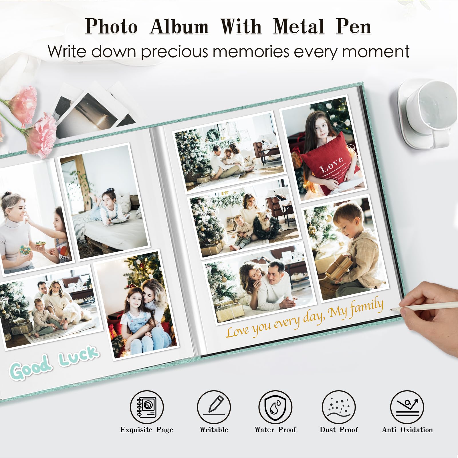 Premium DIY Magnetic Scrapbook Album with Linen Cover & Metal Pen Holder - Holds 4x6, 5x7, 6x8, 8x10, 10x12 Photos - 13.2