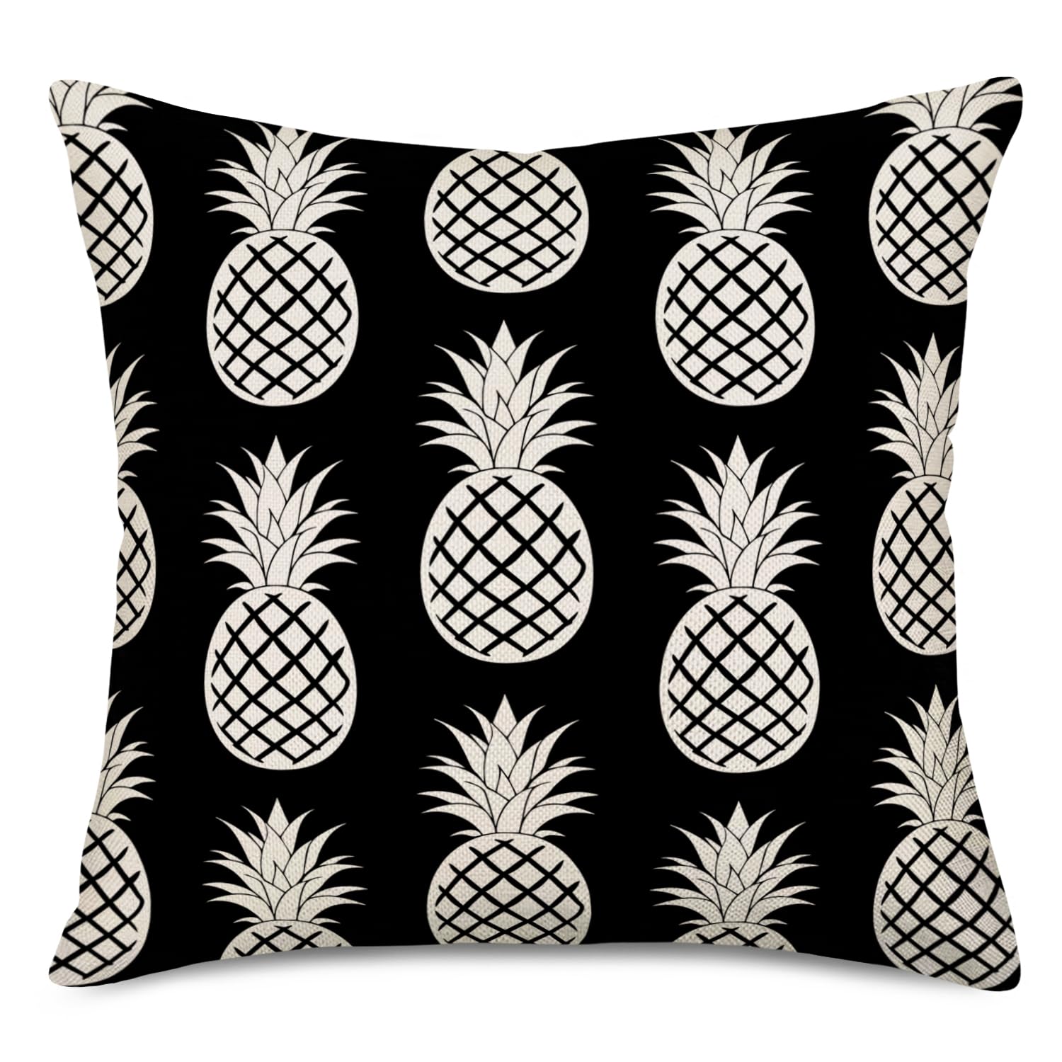 Colorful Pineapple Tropical Fruit Cotton Linen Pillow Cover - 18x18 Inch Decorative Square Throw Pillow Case for Sofa, Couch & Outdoor Use - Summer Home Decor (Black Pineapple Design) - Perfect for Beach House, Living Room & Patio Decorations