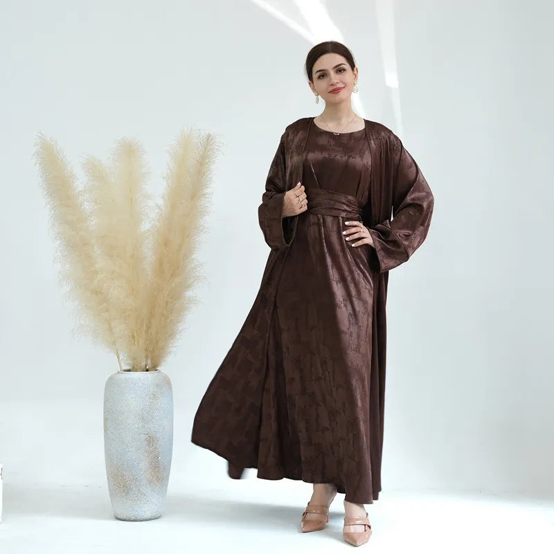 Elegant Jacquard Satin 2-Piece Muslim Women's Open Abaya Dress Set - Perfect for Prayer, Eid, and Special Occasions