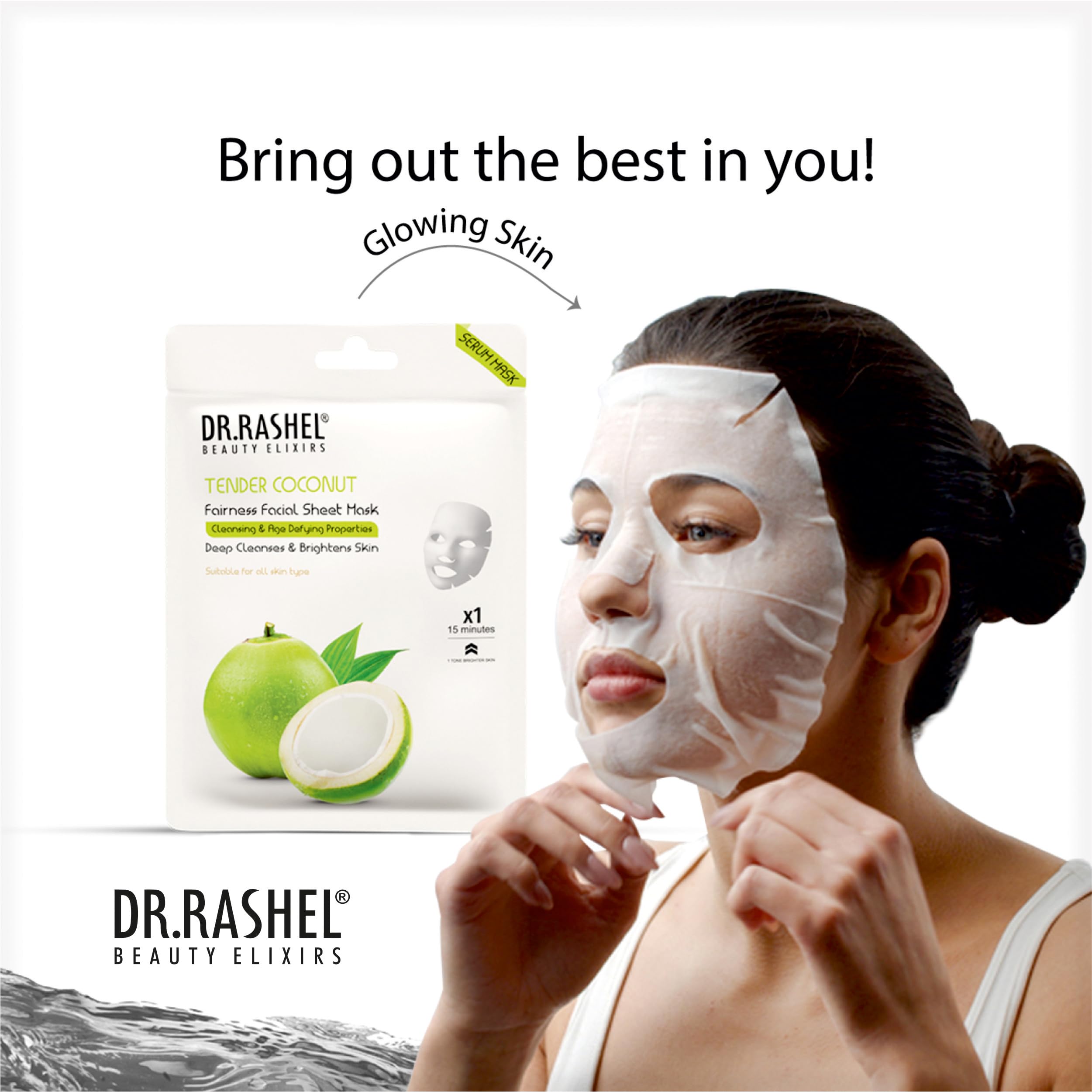 DR.RASHEL Tender Coconut Face Sheet Mask with Serum for Women & Men - All Skin Types | Deep Cleansing, Oil Control & Hydration | Repairing & Nourishing Treatment | Paraben-Free (Pack of 4, 20g Each) | Perfect for Daily Skincare, Spa Days & Travel
