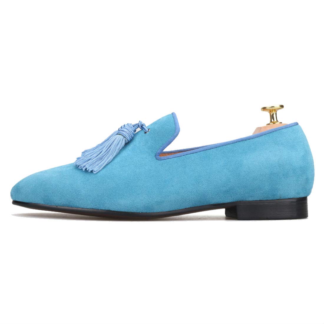 FERUCCI Men's Light Blue Suede Loafers - Comfortable Slip-On Slippers with Big Blue Tassel | Casual Indoor & Outdoor Shoes for Relaxing at Home or Running Errands