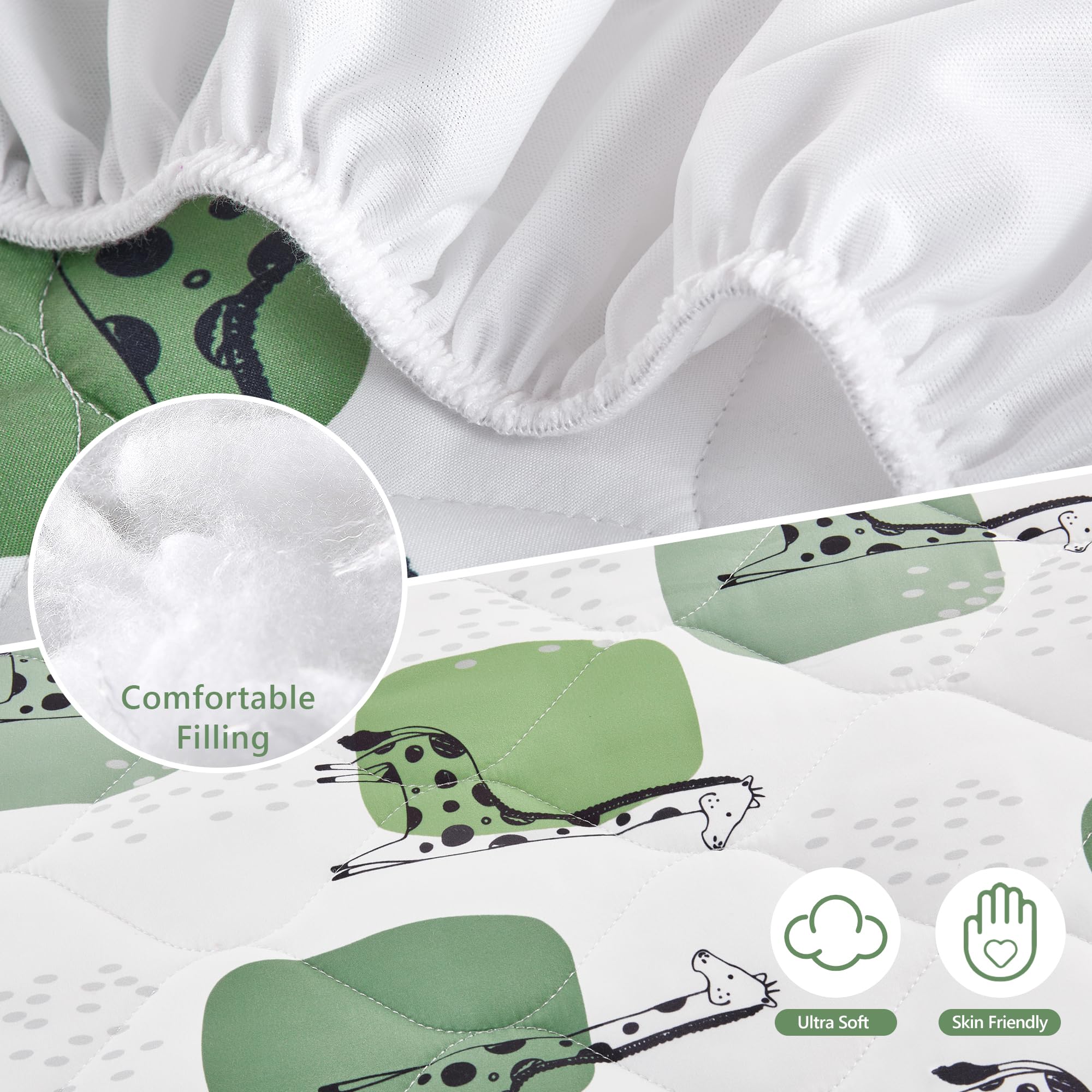 TILLYOU Pack and Play Sheet - Soft Quilted Crib Cover Pad, Toddler Mattress Protector with 1-3 Inch Deep Pocket, Thick Play Yard Playpen Sheet for Baby Crib - 39x27 Inches, Green Giraffe Print - Perfect for Nursery, Daycare & Travel Use
