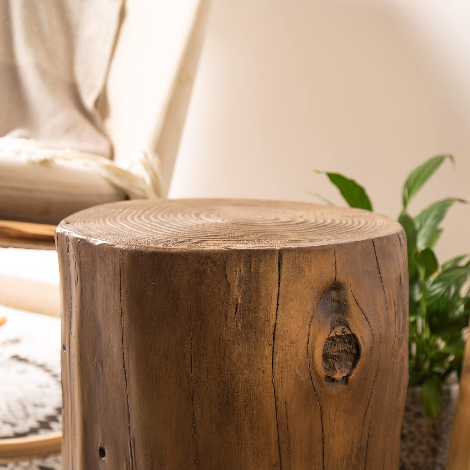 Stylish 2-Piece Walnut Faux Wood Outdoor End Table Set - Hand-Painted Wood Stump Stool, Ottoman & Plant Stand for Deck, Garden or Patio Decor | Perfect for Outdoor Entertaining & Relaxation